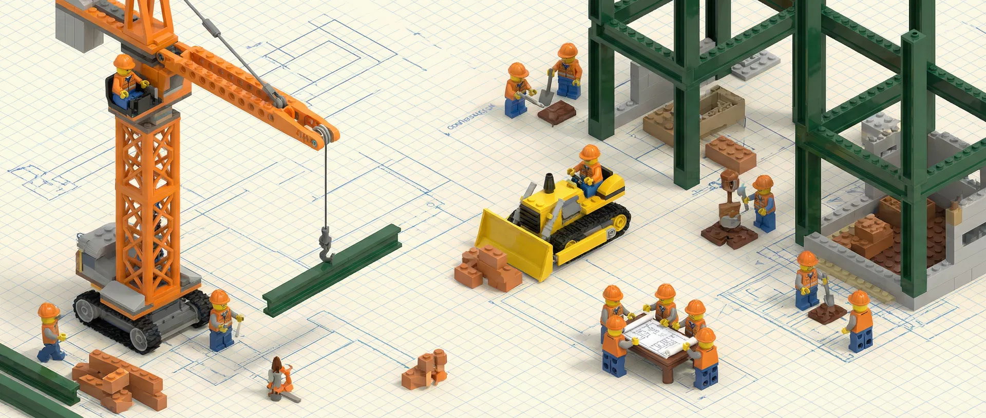 LEGO construction scene with workers, crane, and bulldozer on blueprint paper