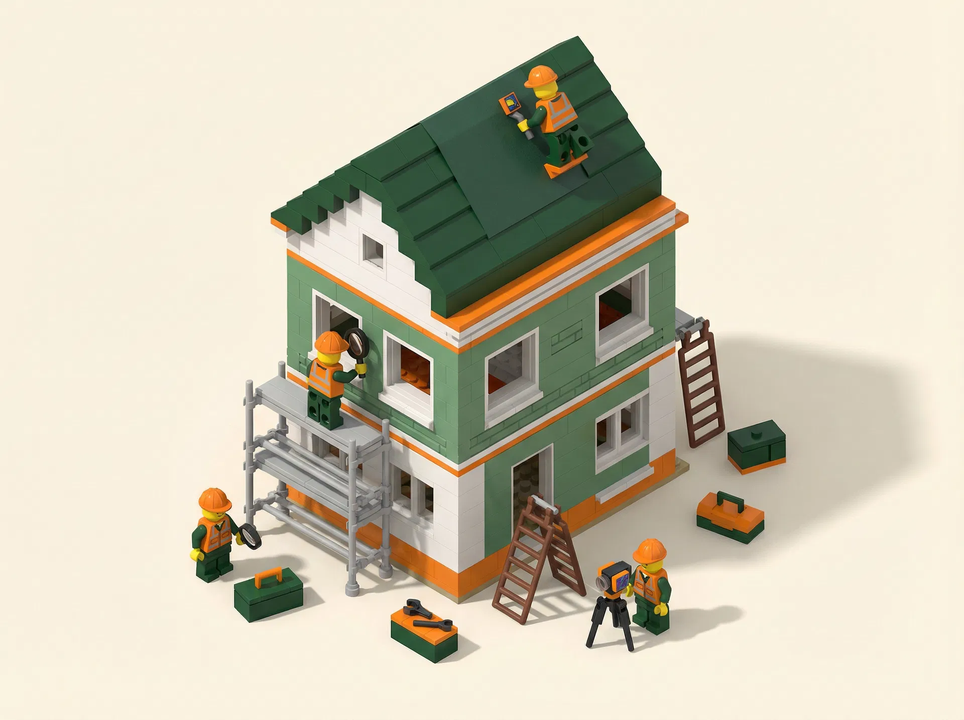 LEGO minifigure scene showing building envelope inspection with scaffolding