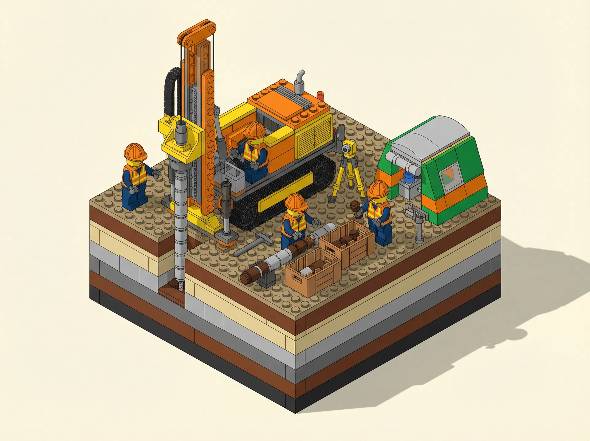 LEGO minifigure scene showing geo-technical field work with drilling rig and soil layers