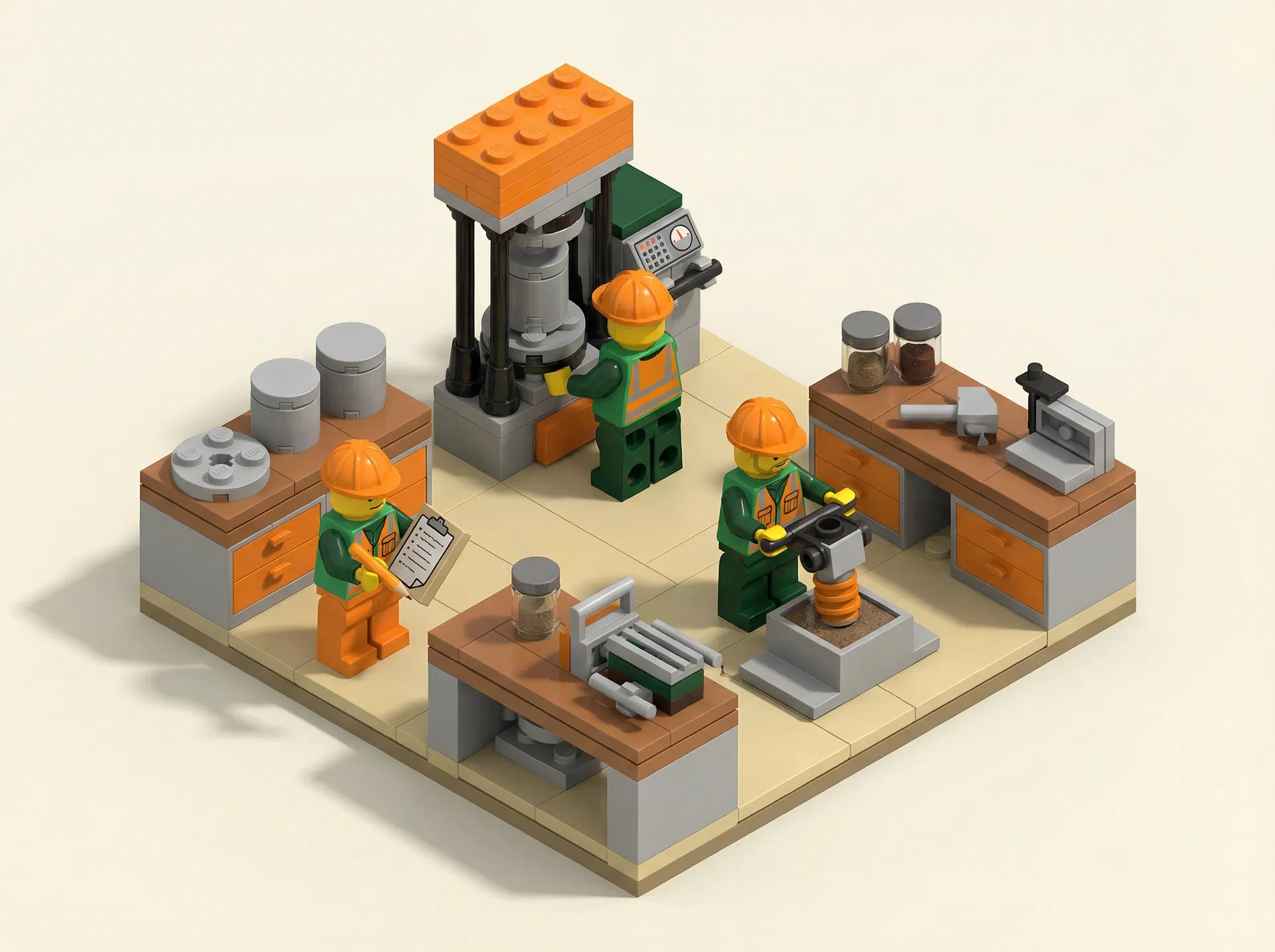 LEGO minifigure scene showing construction materials testing laboratory