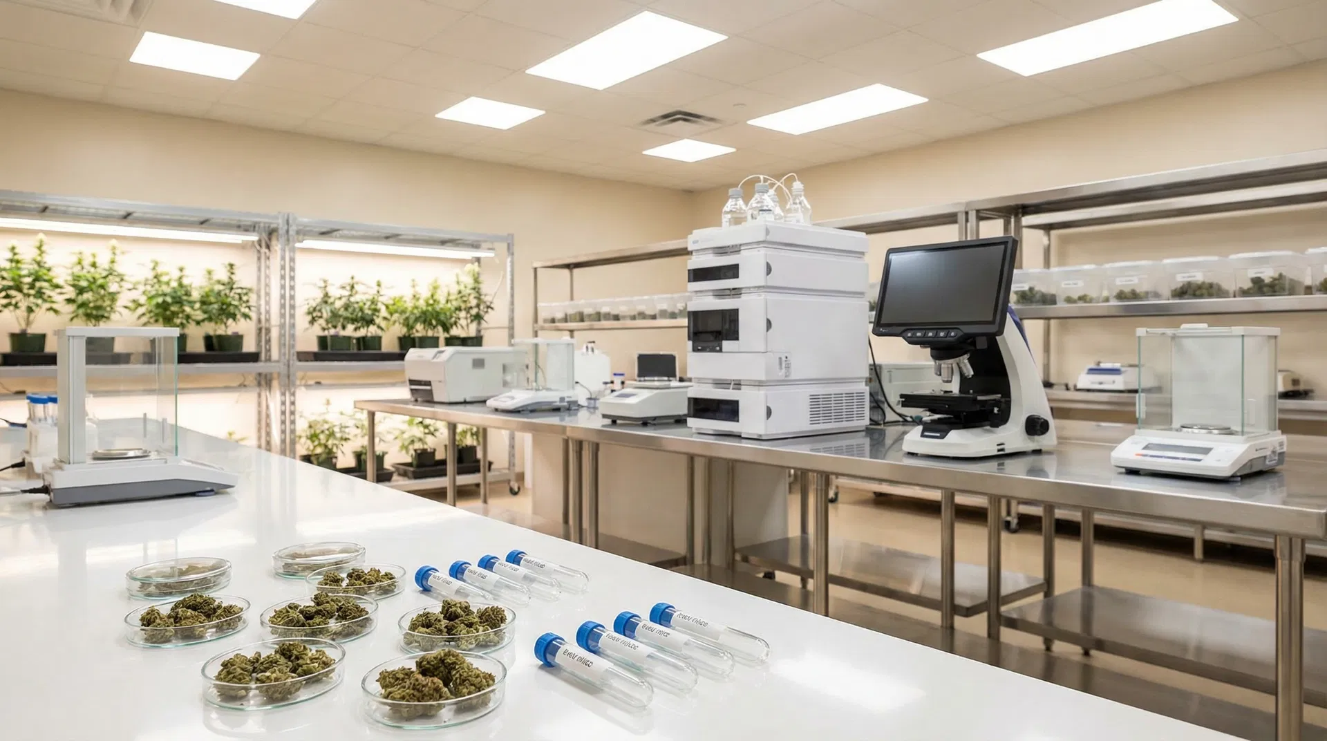 Cannabis testing laboratory with analytical equipment and samples