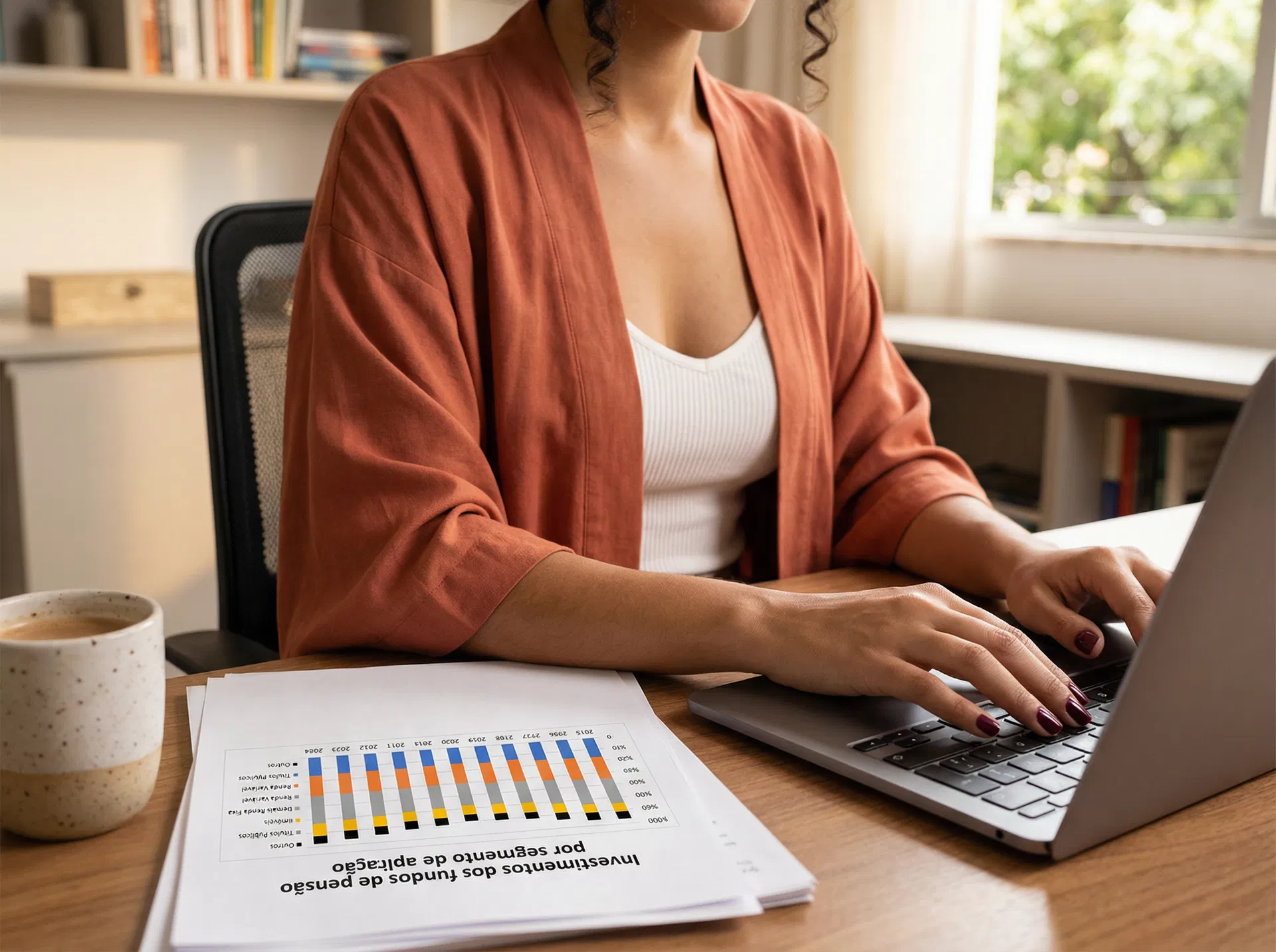 Equipe diversa trabalhando colaborativamente ao redor de mesa de madeira com laptops, documentos e café