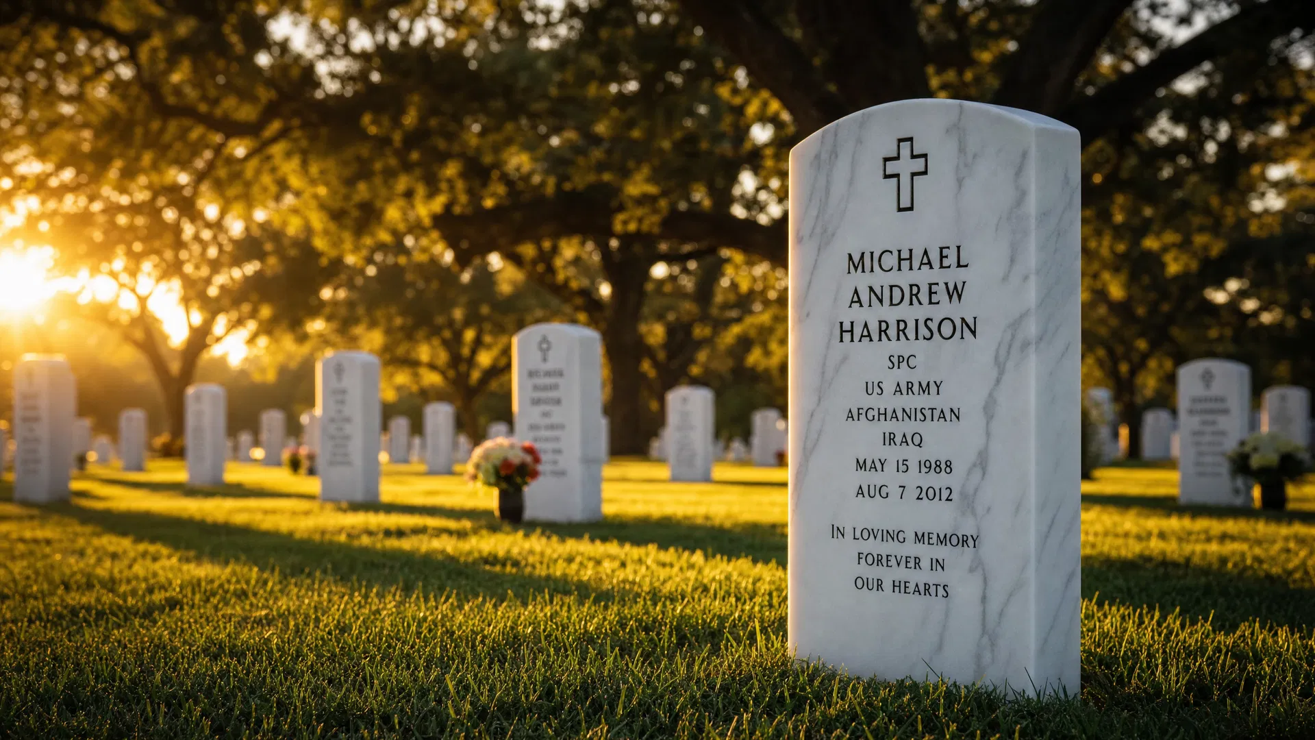 Pristine headstone at golden hour