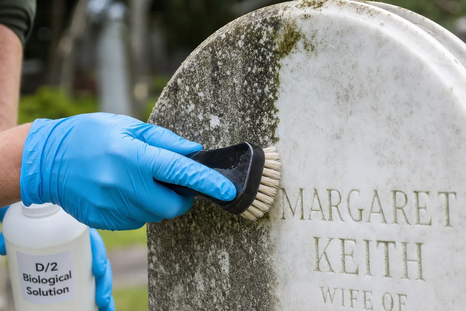 Professional headstone cleaning in progress