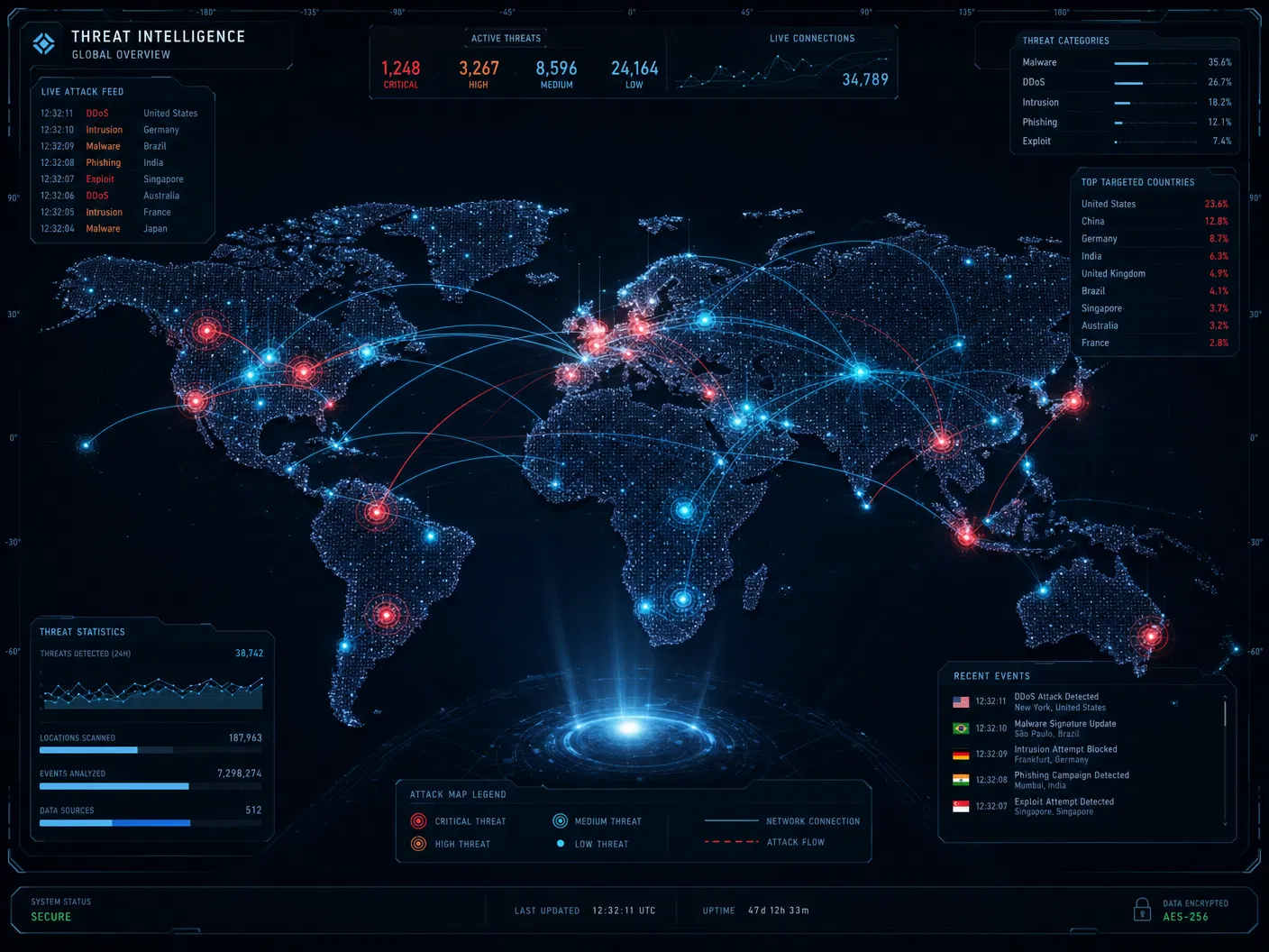 Global threat intelligence dashboard showing live attacks