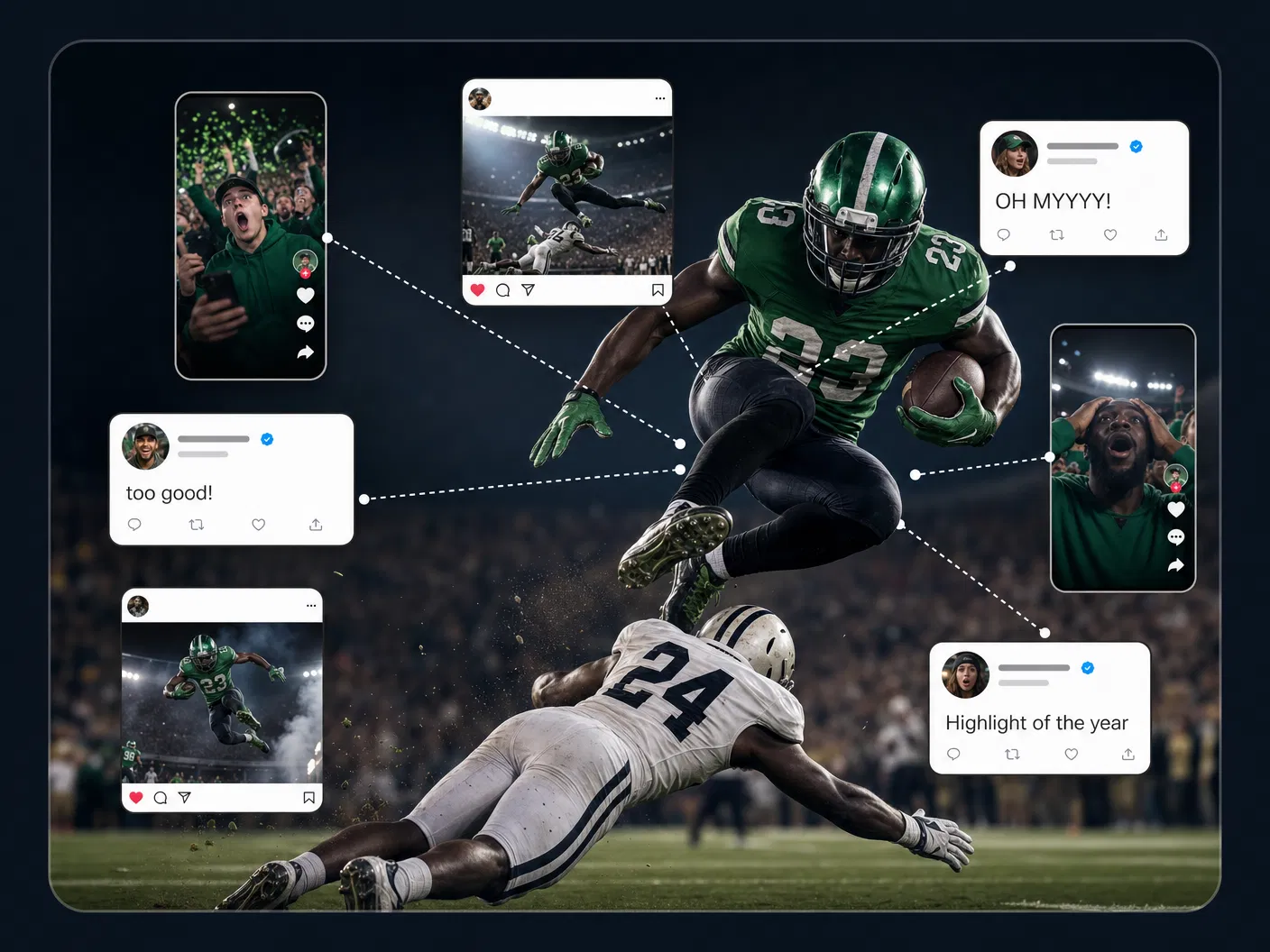 MediaTrack — running back hurdling defender, surrounded by floating social UI cards connected with dashed lines