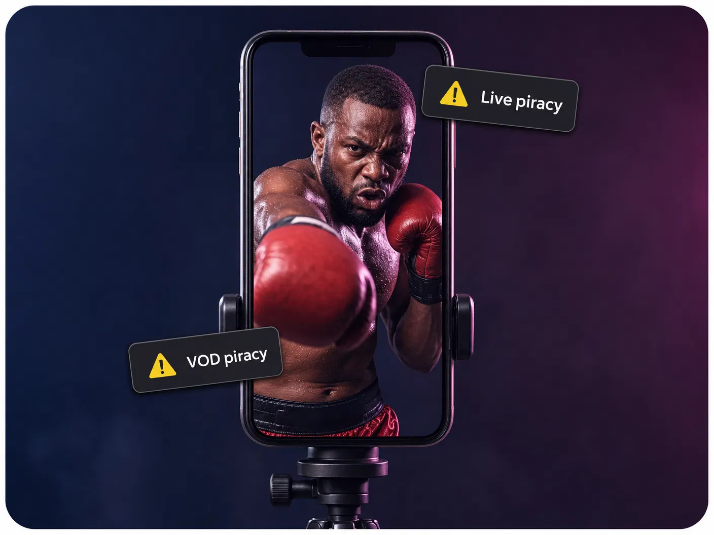 Content Protection — boxer livestream framed in a phone with Live piracy and VOD piracy alert badges