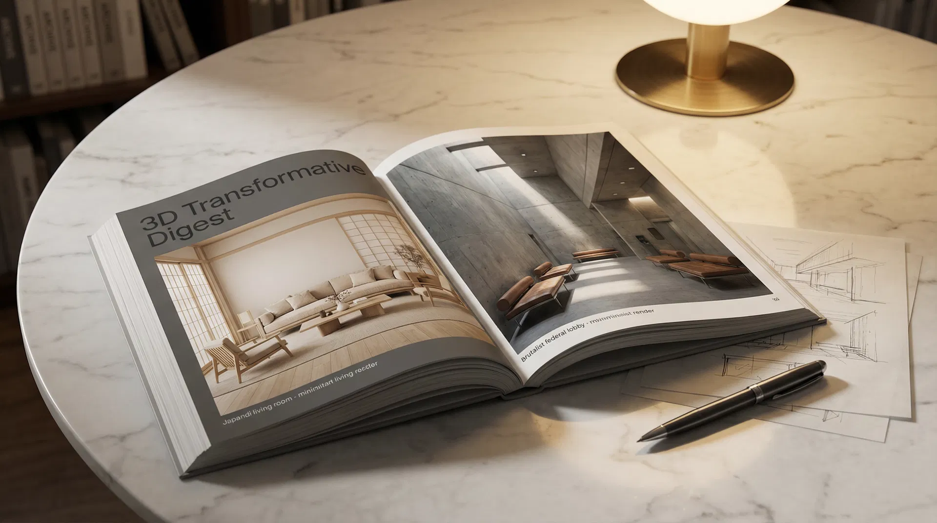3D Transformative Digest publication spread on marble surface
