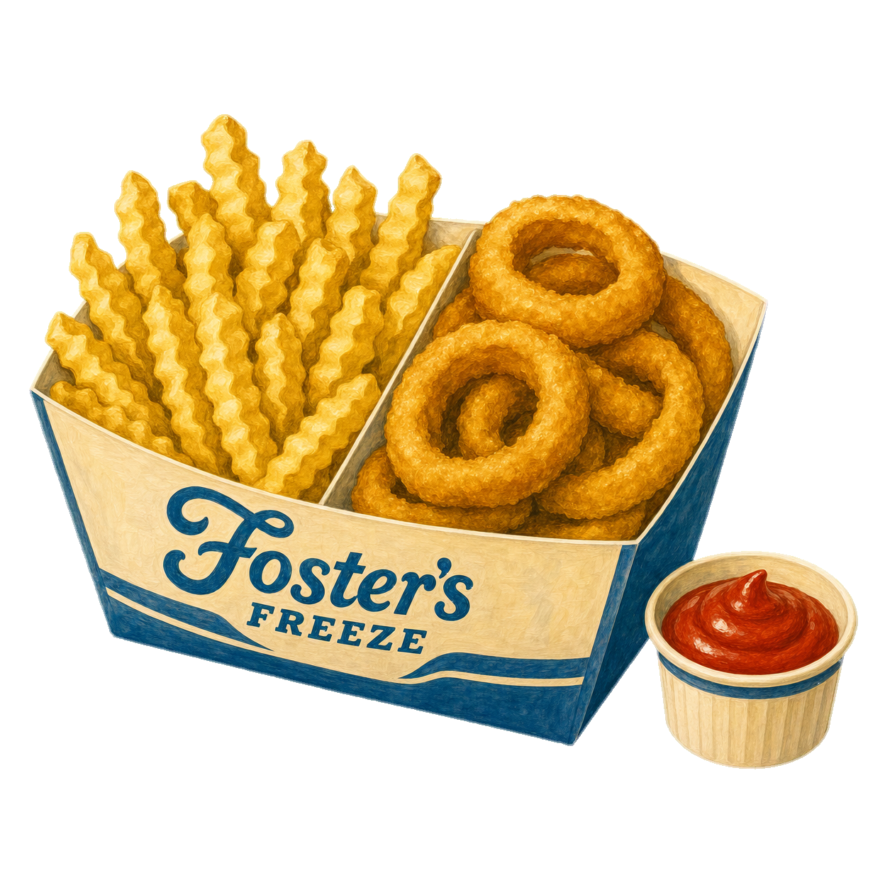 Illustrated Fosters Freeze paper boat with crinkle-cut fries and onion rings, plus a small ramekin of ketchup.