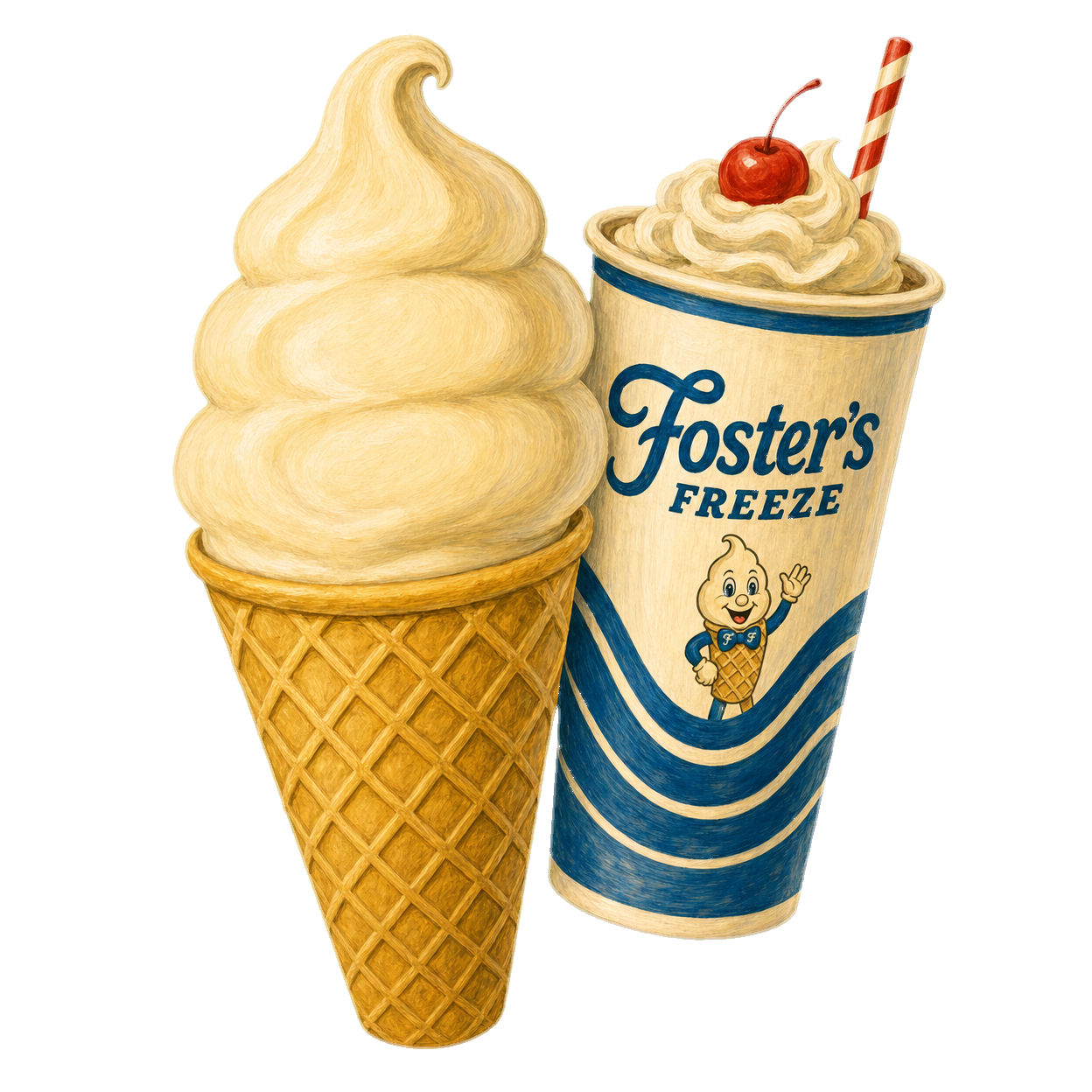 Illustrated vanilla soft-serve waffle cone next to a Fosters Freeze swirl cup with whipped cream and a cherry.