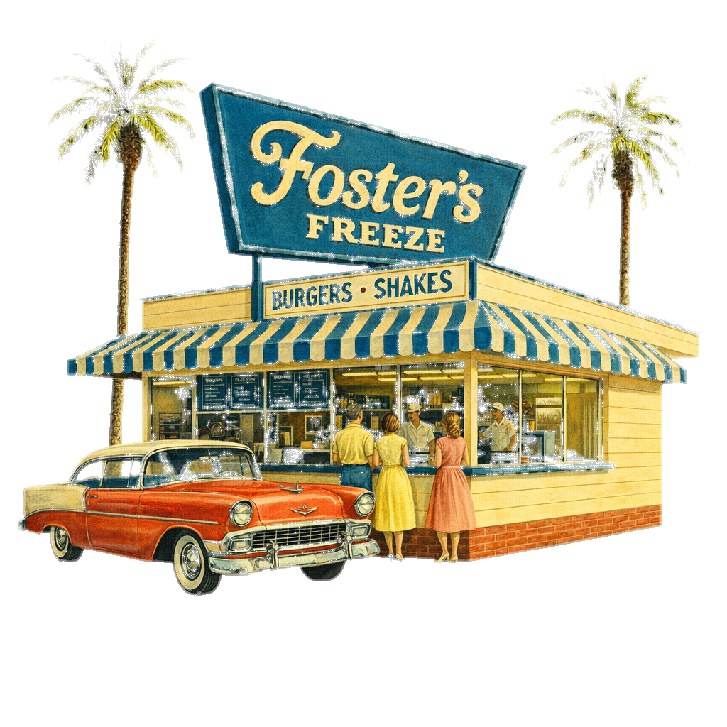 Vintage Fosters Freeze drive-in storefront with palm trees and classic cars.