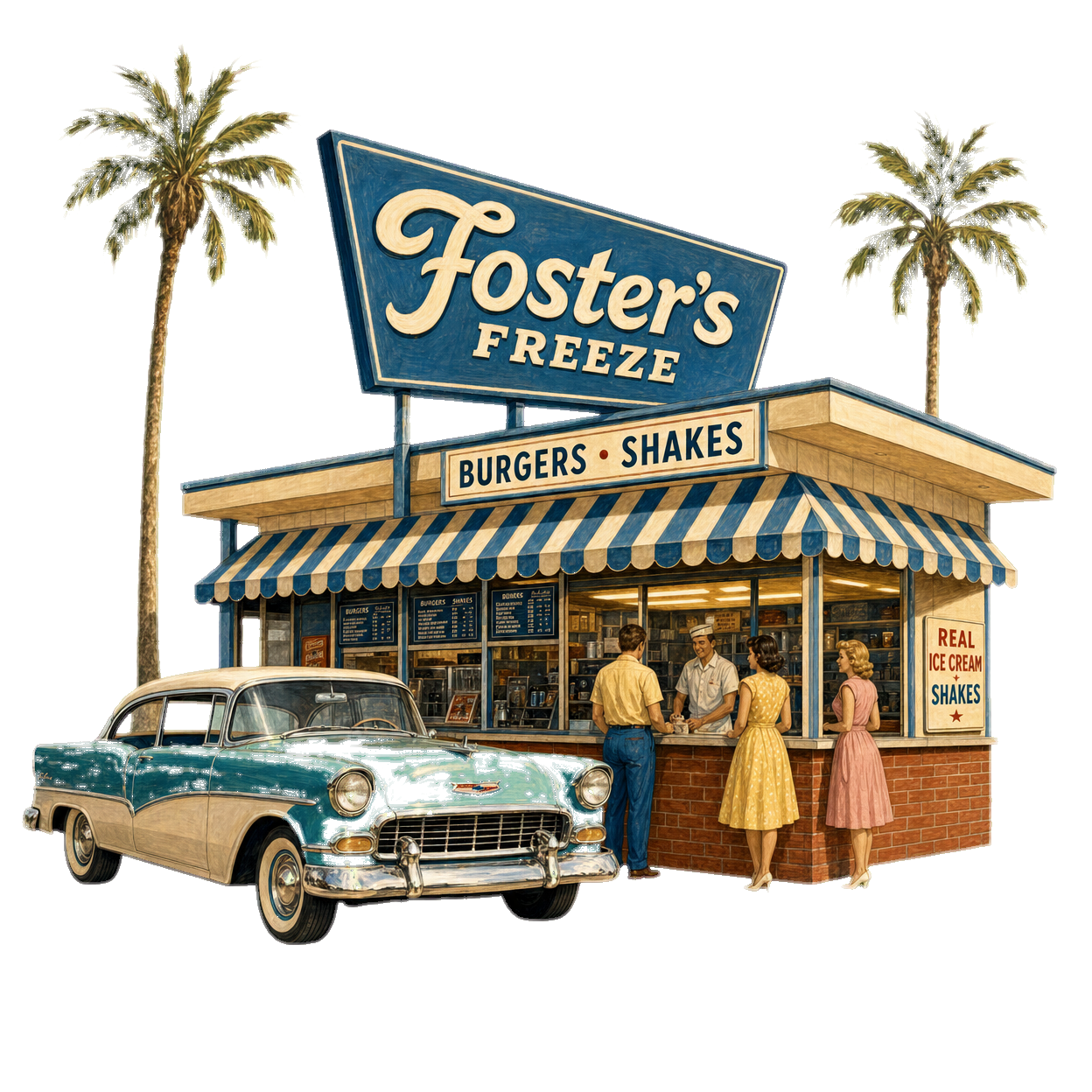 Vintage 1950s Fosters Freeze drive-in storefront with palm trees and a classic teal Chevy parked out front.