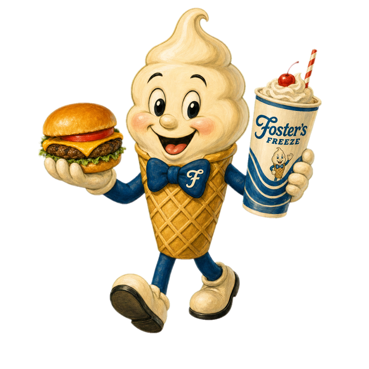 Fosters Freeze ice-cream cone mascot with a blue bowtie holding a cheeseburger and a Fosters Freeze swirl cup.