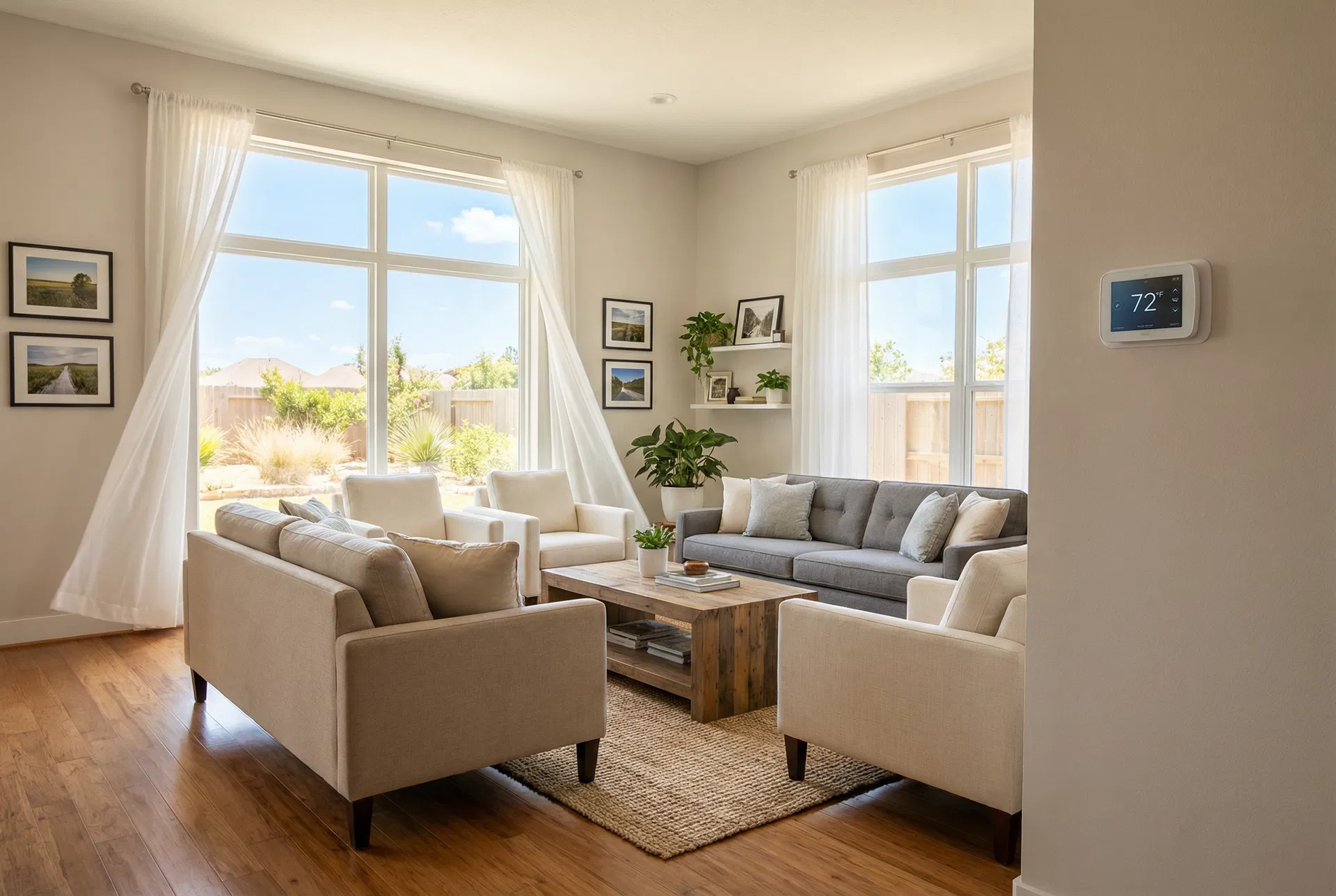 Comfortable Houston living room with energy-efficient windows