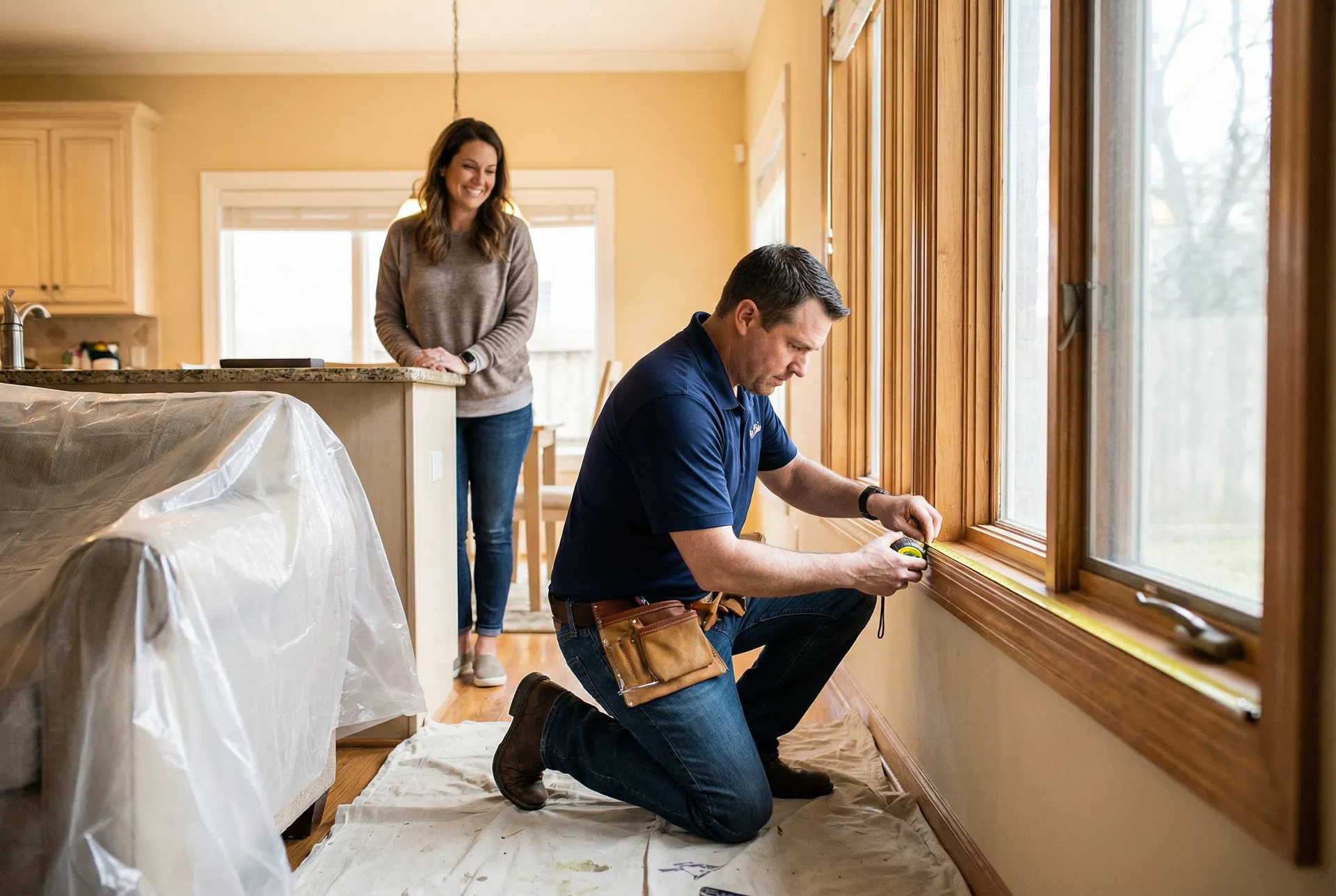 Professional window installer at work in a Houston home