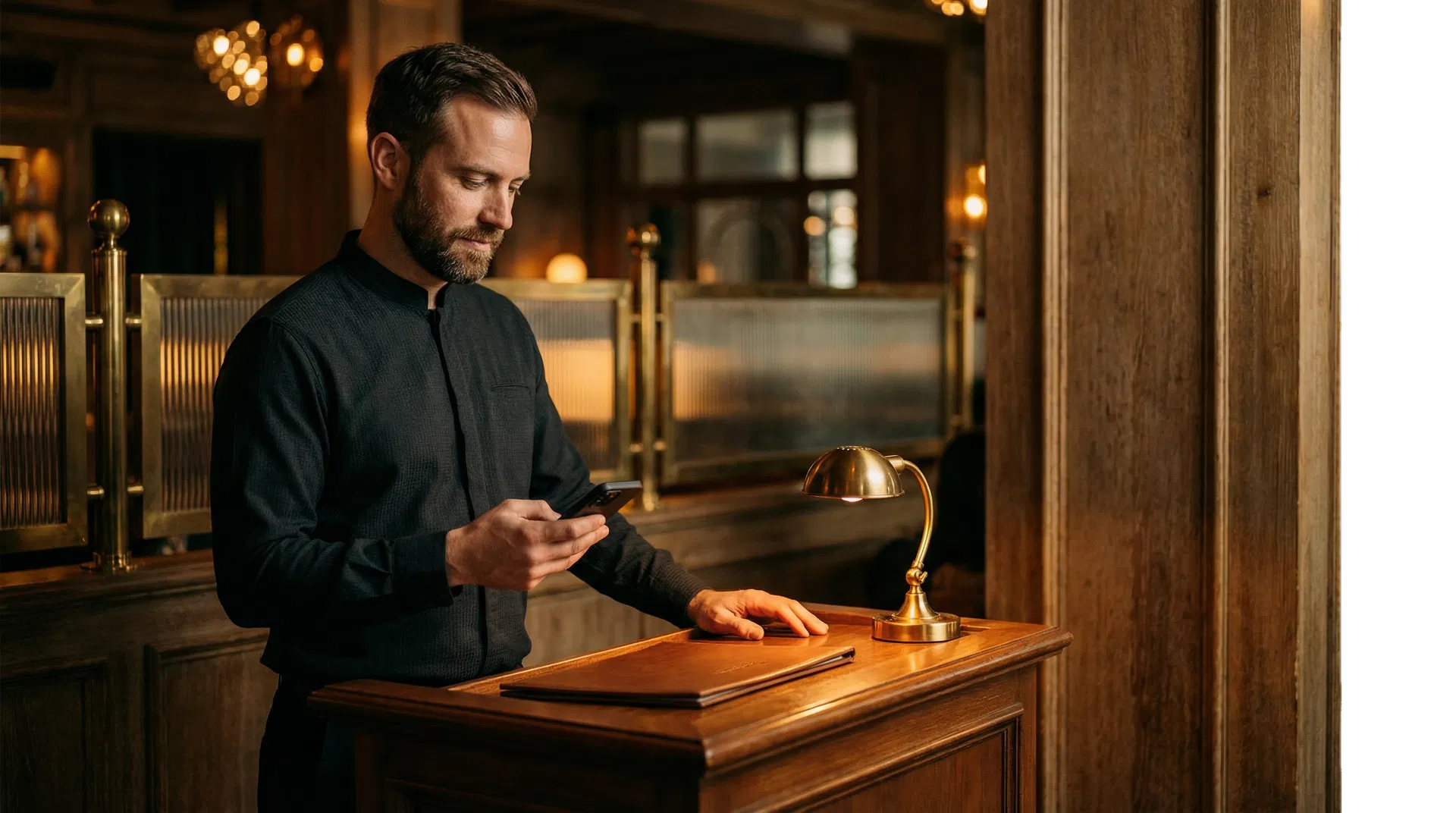 Hospitality employee persona reviewing health coverage details on a phone in a warm hotel setting.