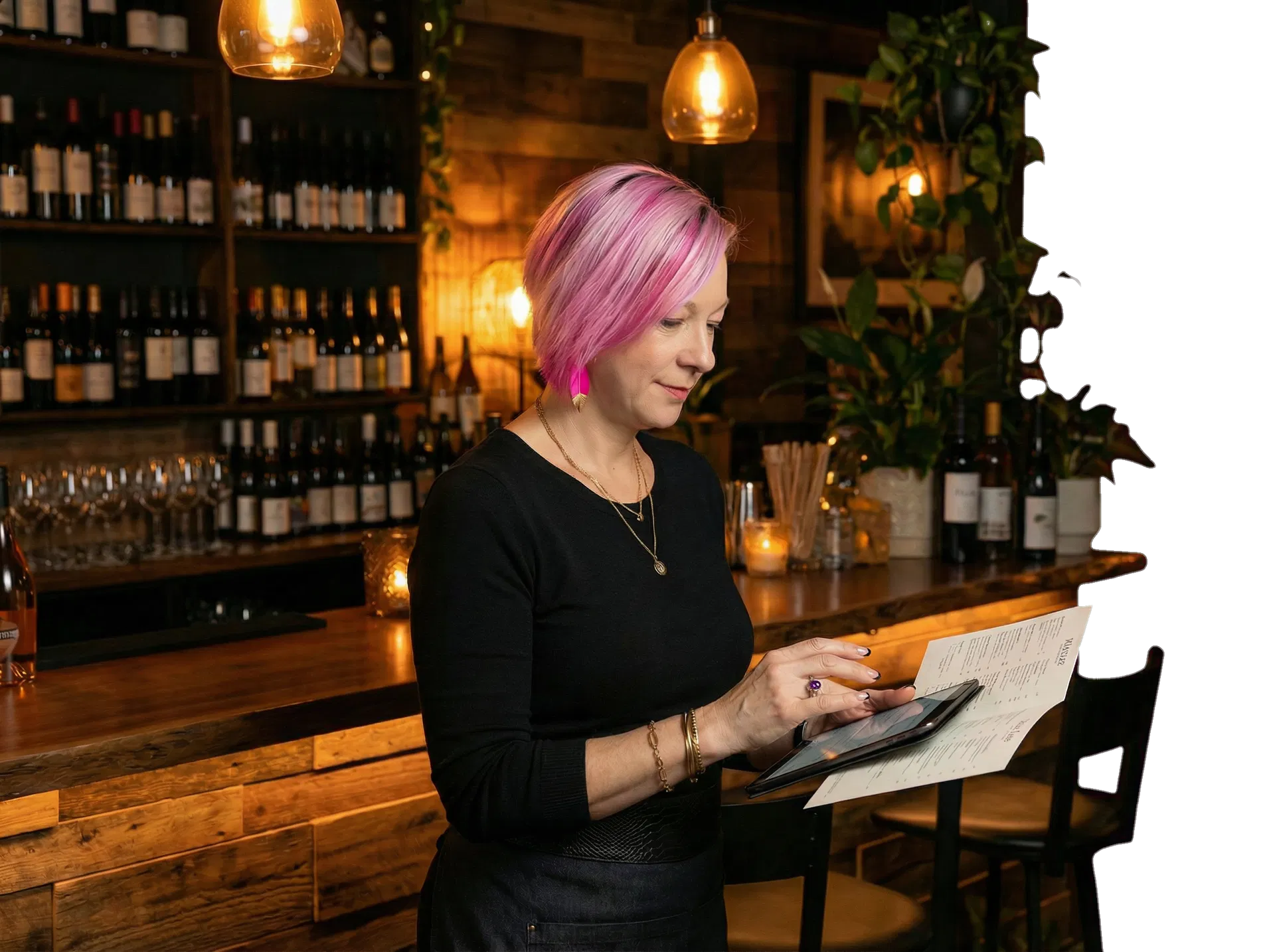 Hospitality employee persona reviewing service and care-planning details inside a warm hospitality venue.
