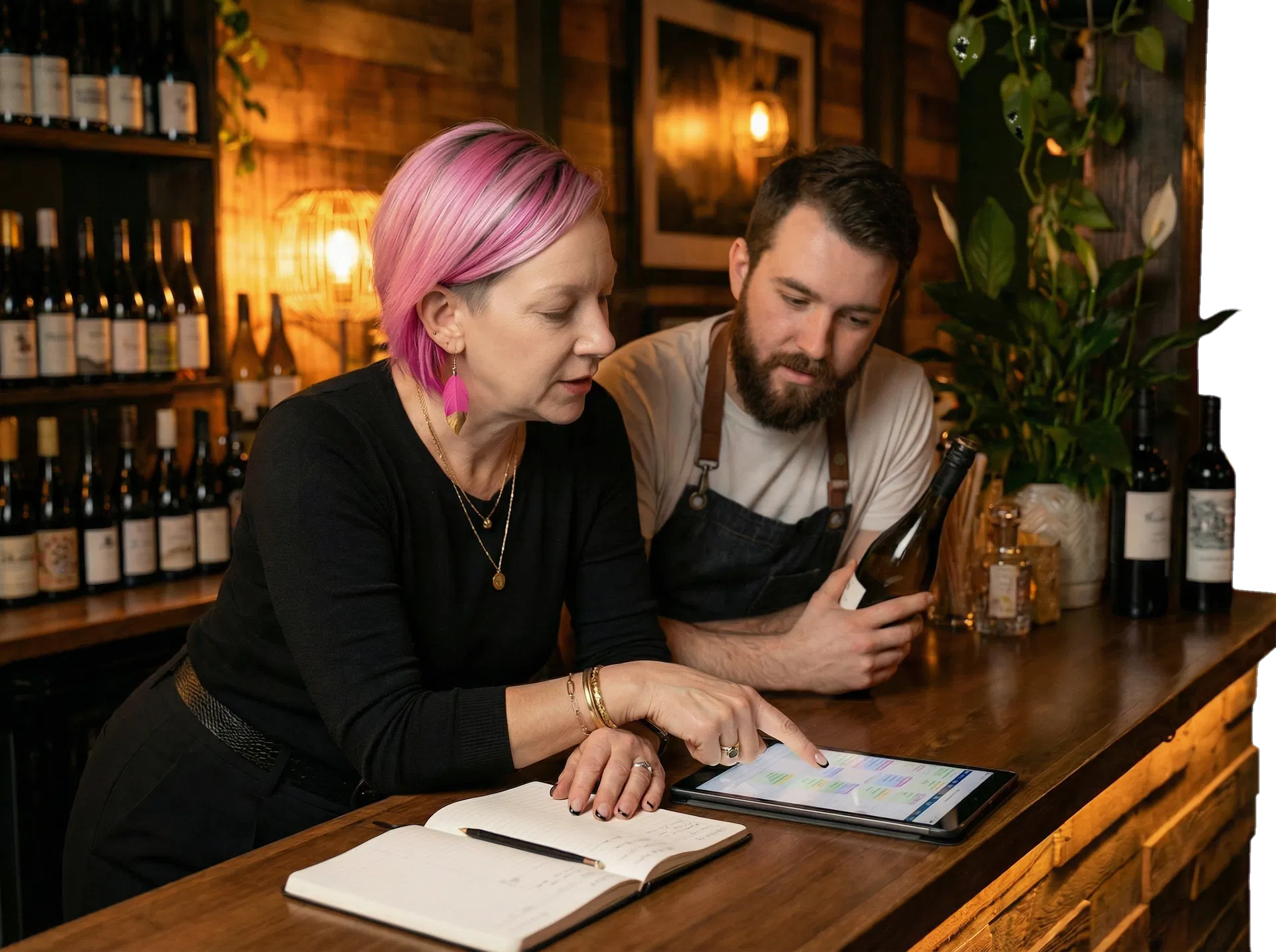 Hospitality owner persona collaborating with a team member on operations and benefits planning in a warm bar setting.