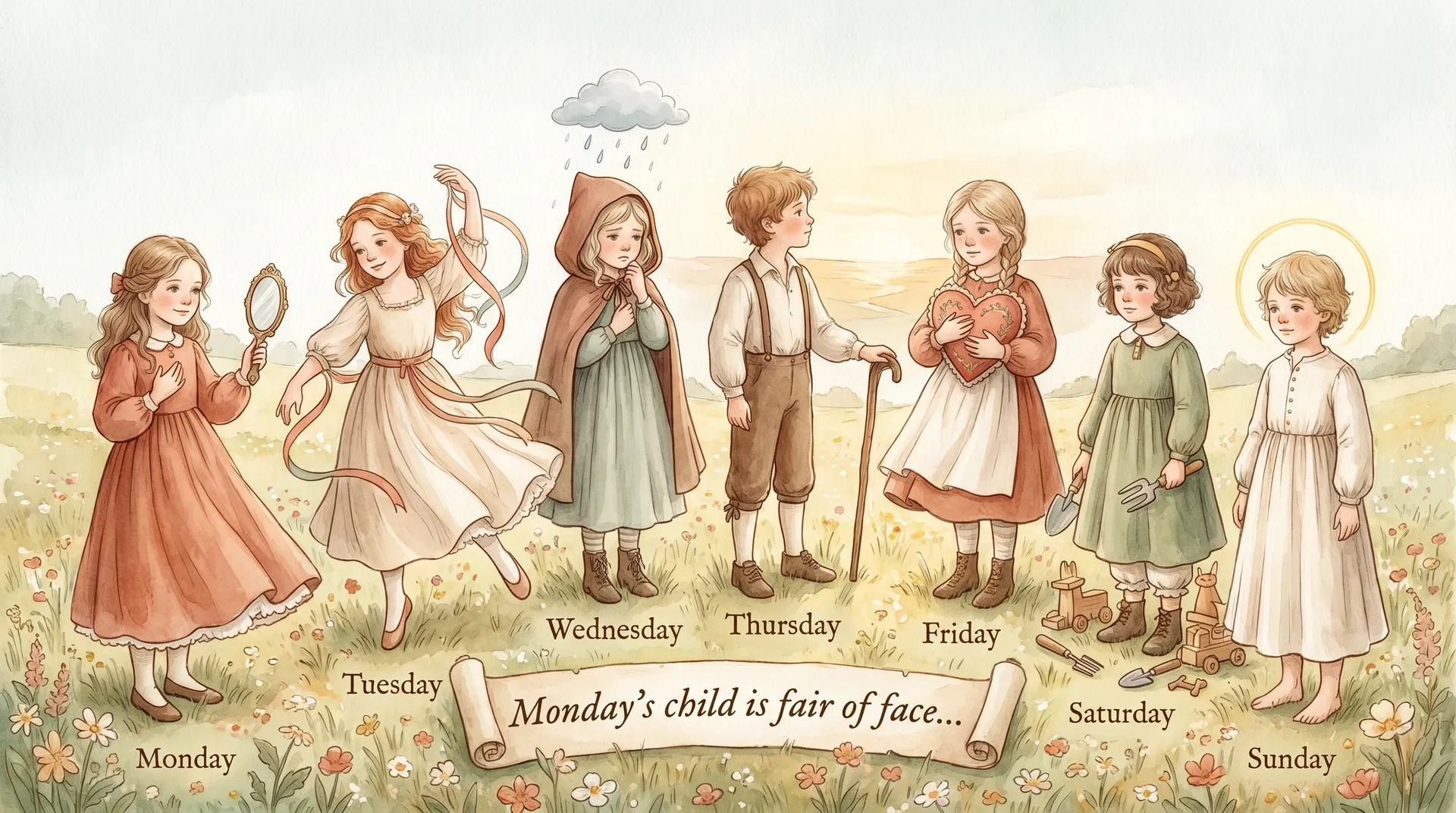 Watercolor illustration of seven children representing each day of the week from the Monday's Child nursery rhyme
