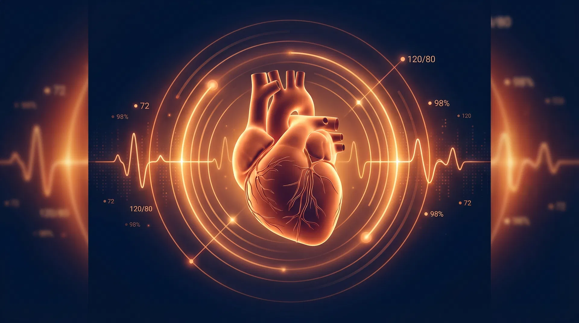 Human heart with data visualization showing heartbeat statistics