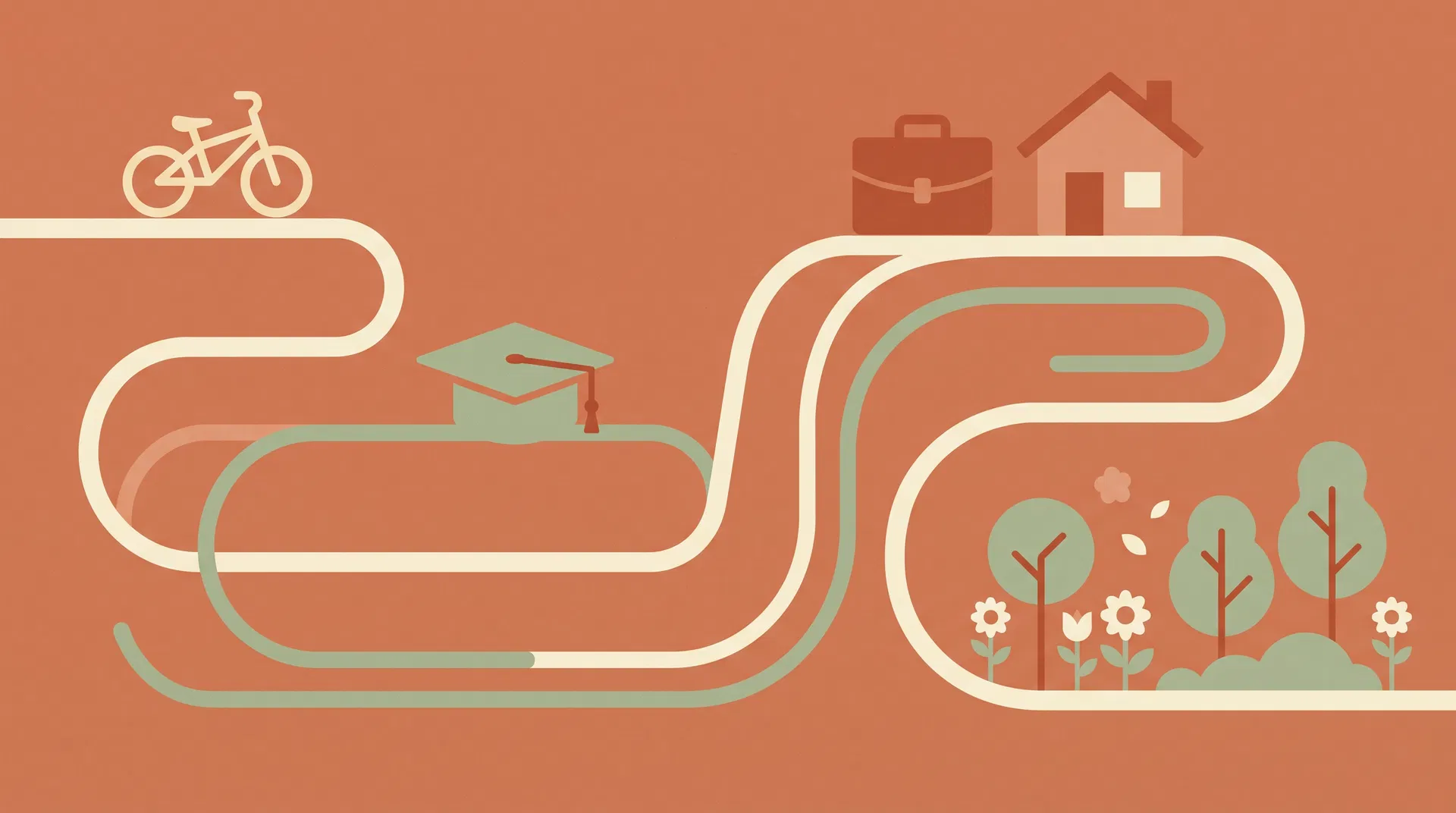 Illustration of life milestones along a winding road — bicycle, graduation cap, briefcase, house, garden