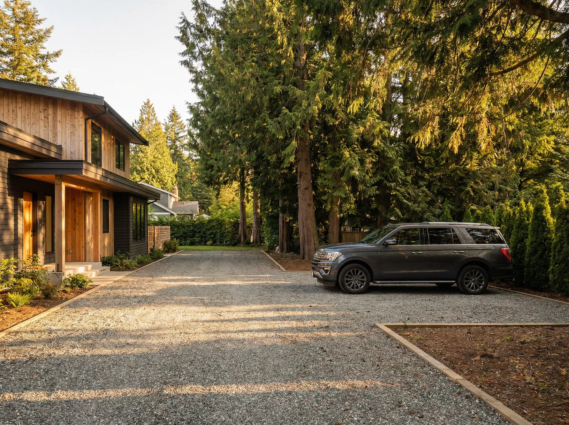 Spacious Gravel Yard — Cedar Trees & Privacy