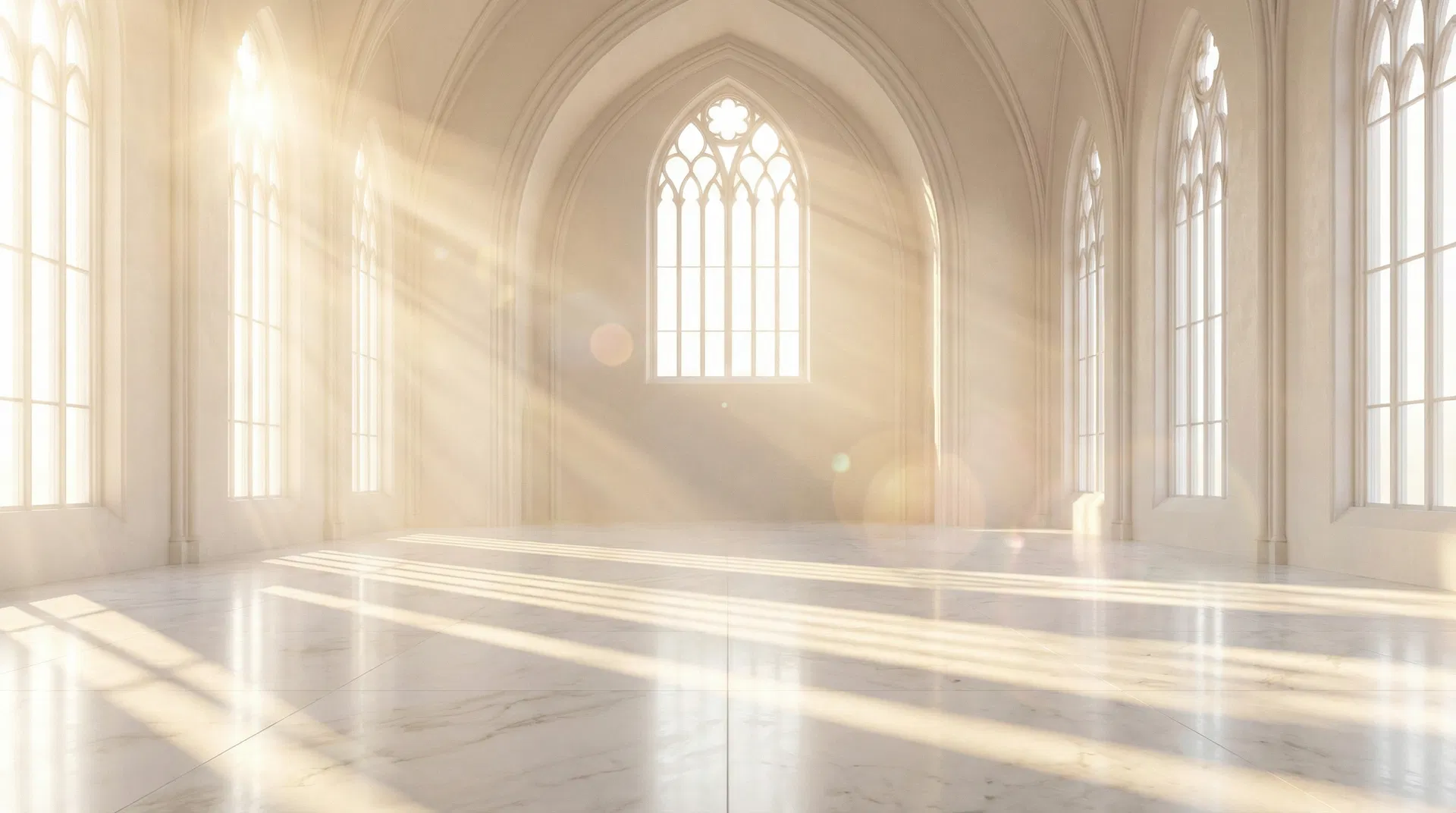 Sunlit cathedral interior with stained glass windows