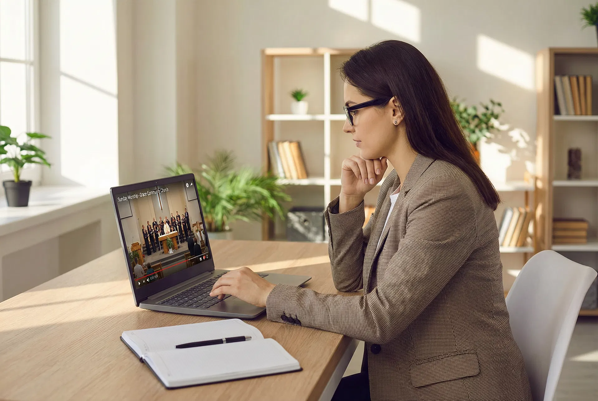 Consultant reviewing church livestream on laptop