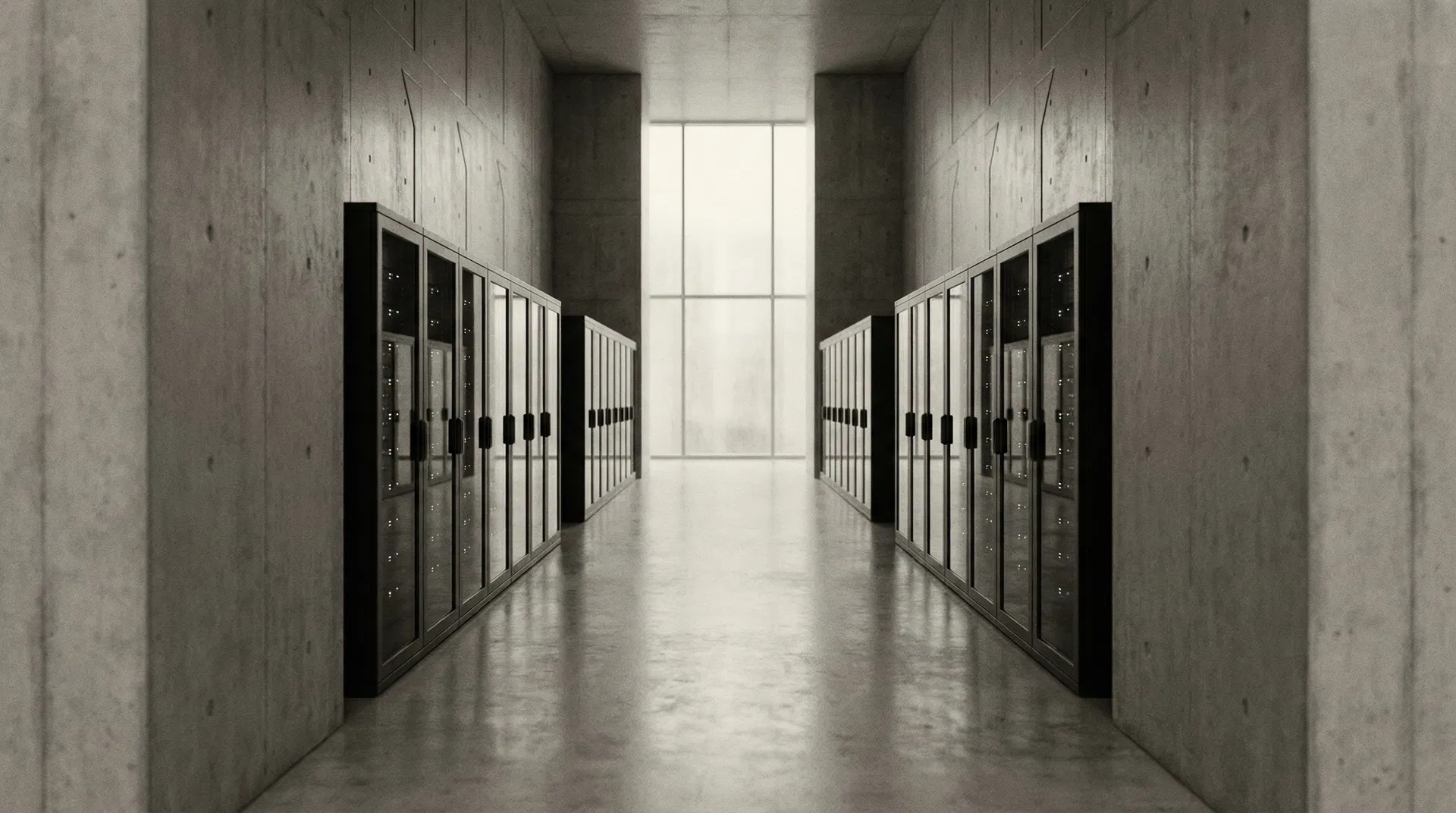 Data center corridor with concrete and natural light