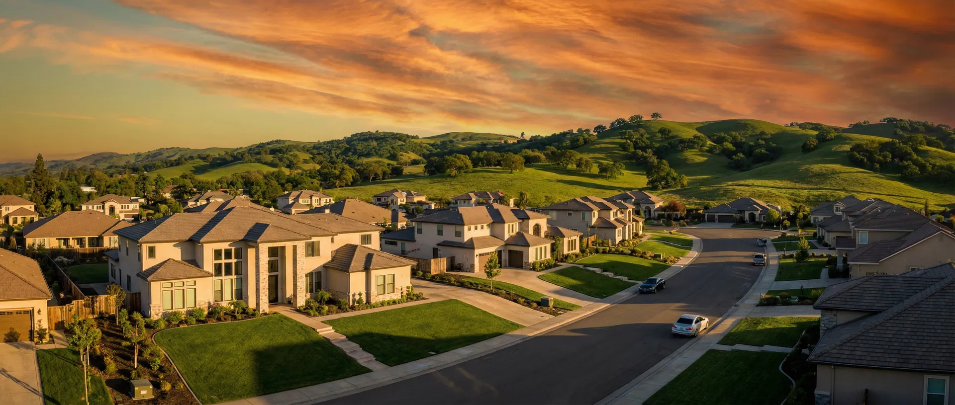 Central Valley homes at sunset
