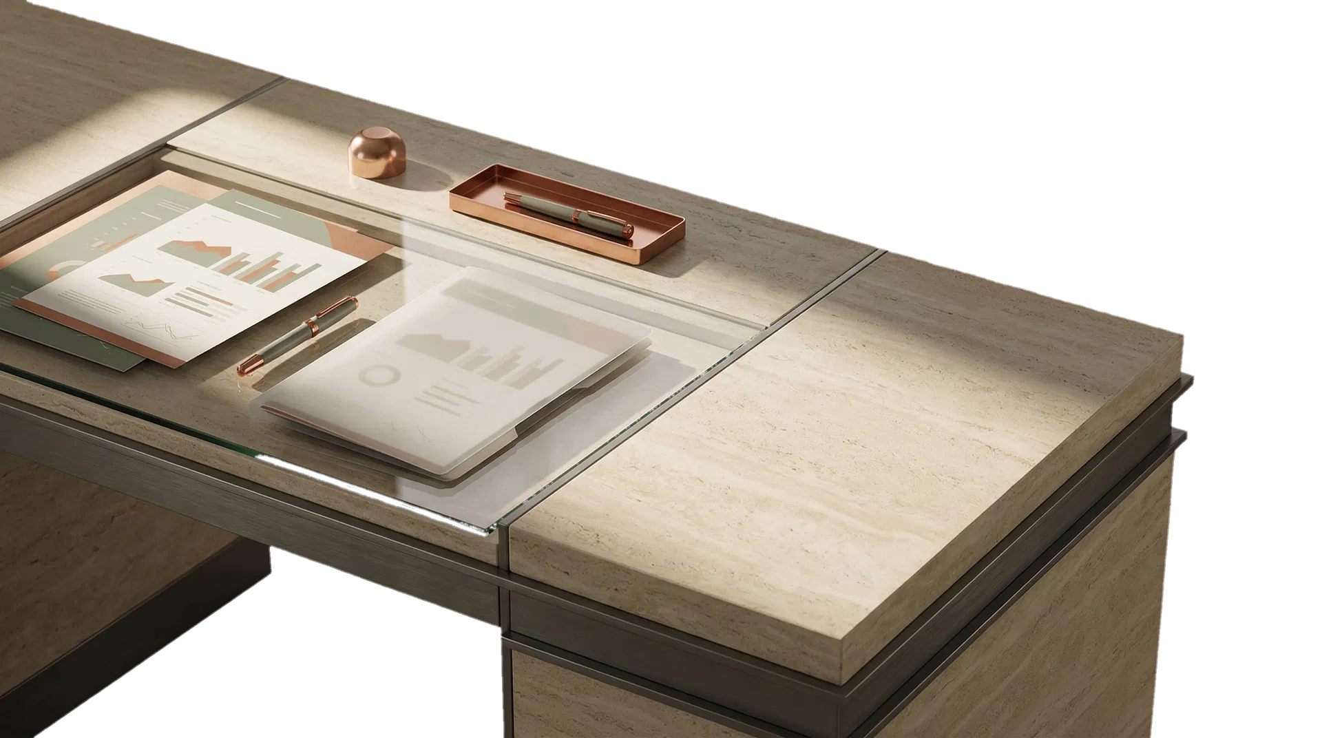 Mesa editorial de banca privada con documentos de análisis patrimonial