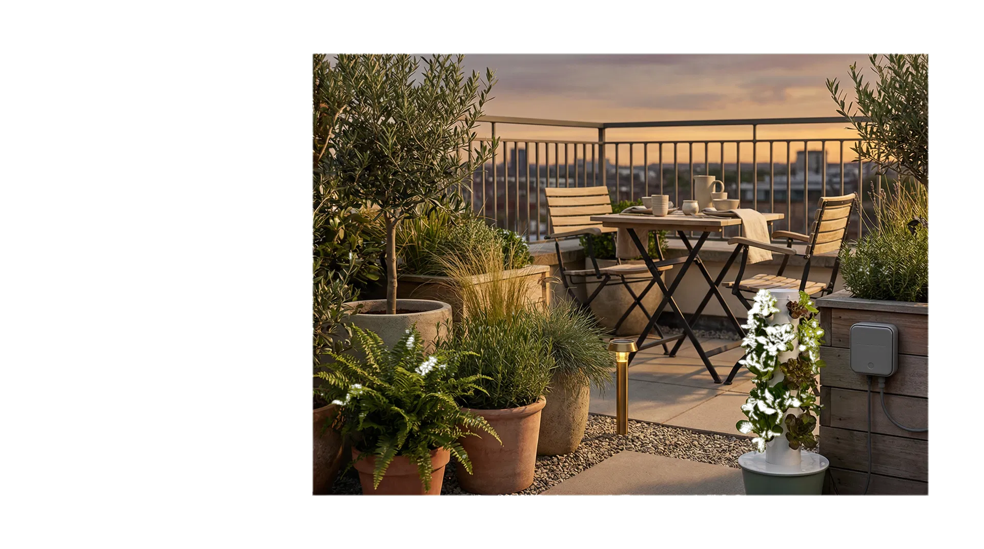 Editorial smart terrace with hydroponic tower, solar lighting, and compact outdoor furniture