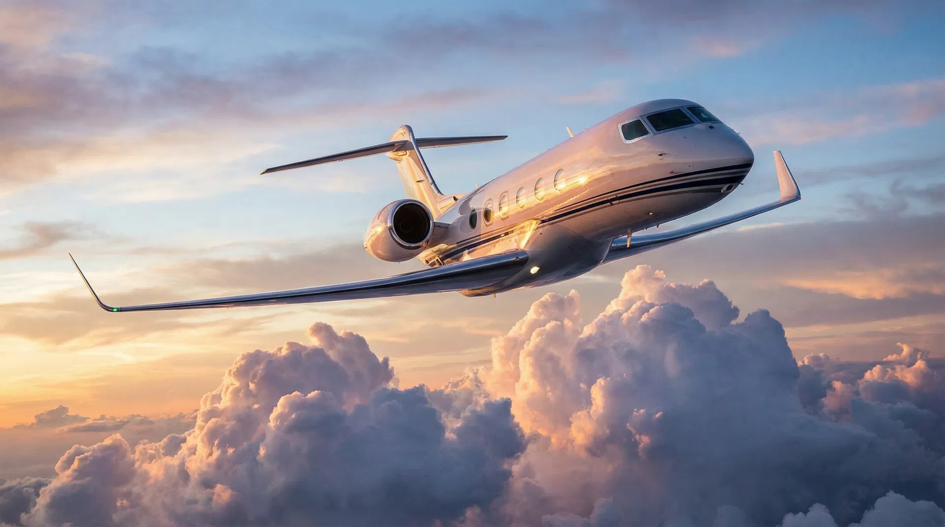 Private jet flying above clouds at golden hour