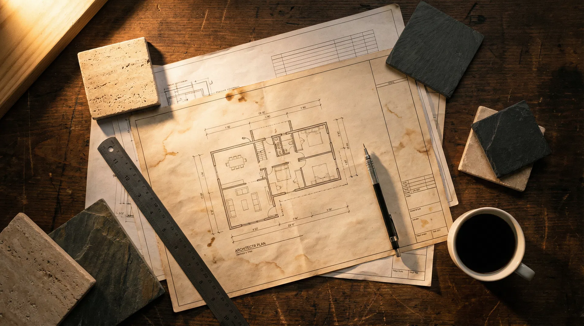 Architectural blueprints and planning materials