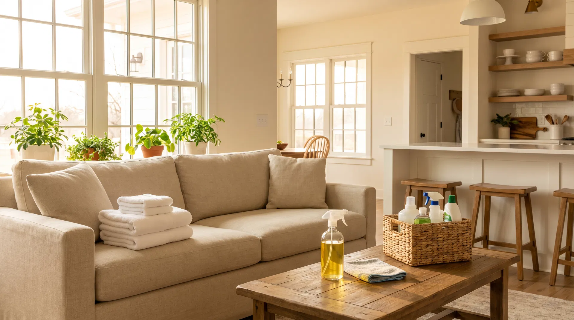Bright, organized Oklahoma living room with cleaning supplies ready — spray bottle, microfiber cloth, and basket of eco-friendly products on a coffee table, natural morning light through large windows