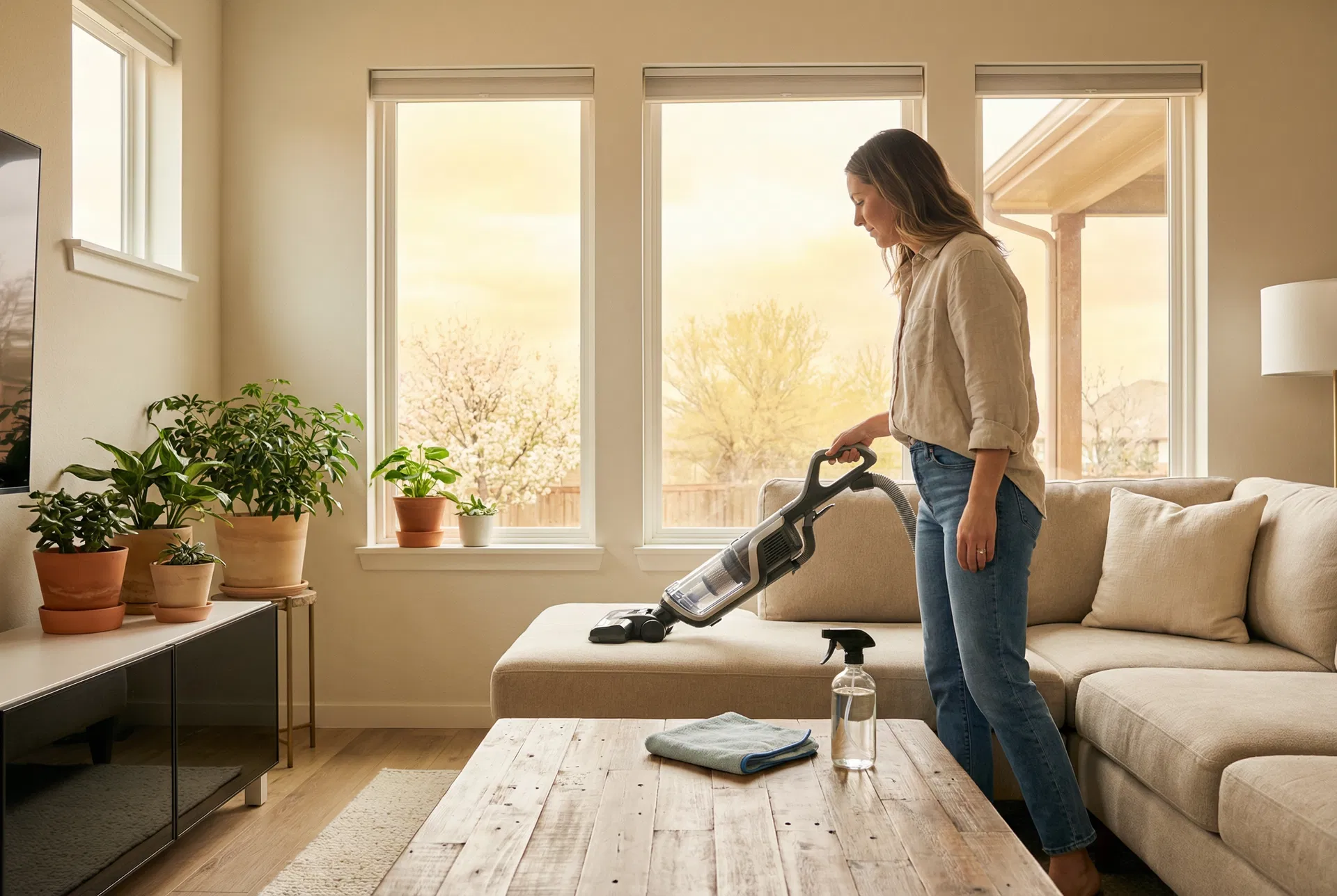Woman vacuuming sofa with HEPA vacuum in a bright Oklahoma living room during spring allergy season, with golden pollen-hazy light through clean windows