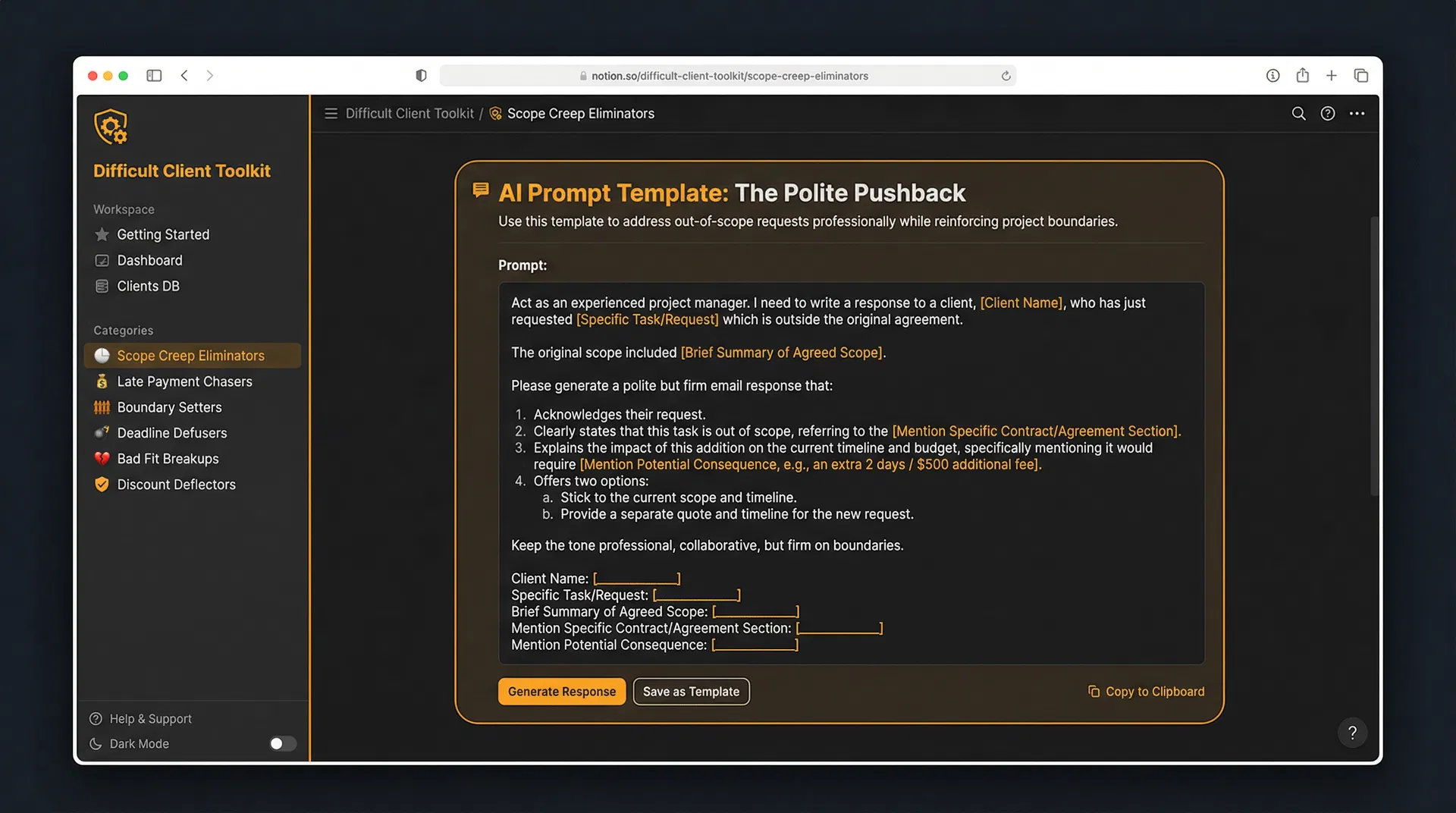 Scope Creep Eliminator prompt inside Notion