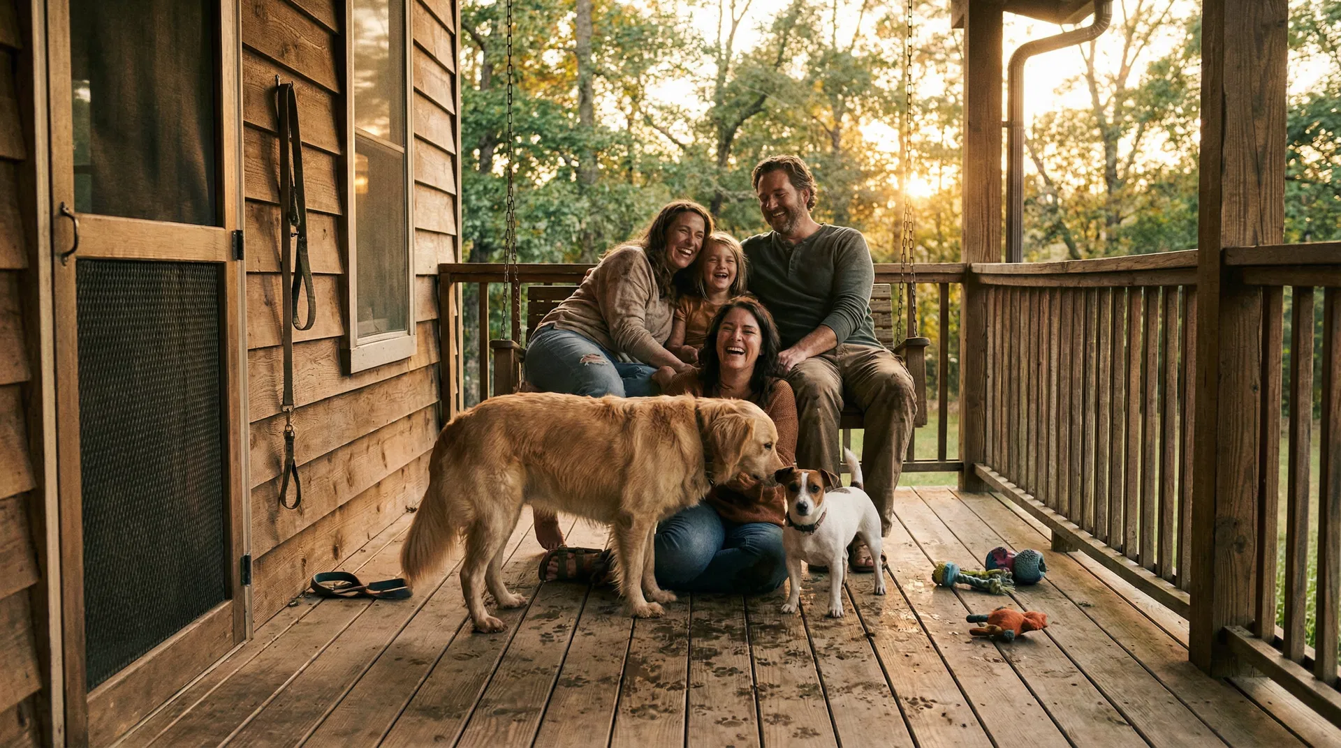 Family with their dogs on a porch