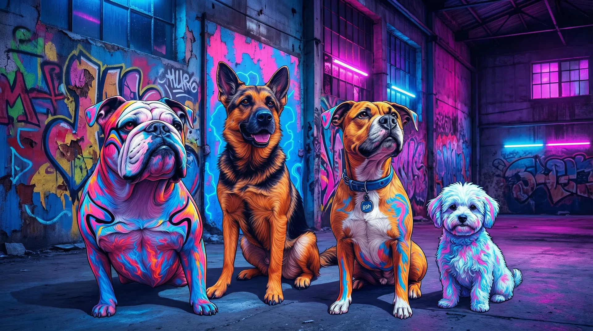 Bold neon graffiti dogs - Unleashed Paws USA