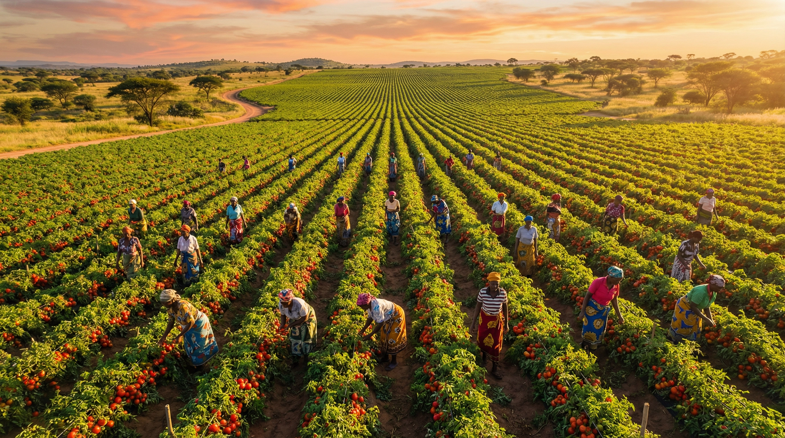 Women farmers harvesting tomatoes in Zimbabwe