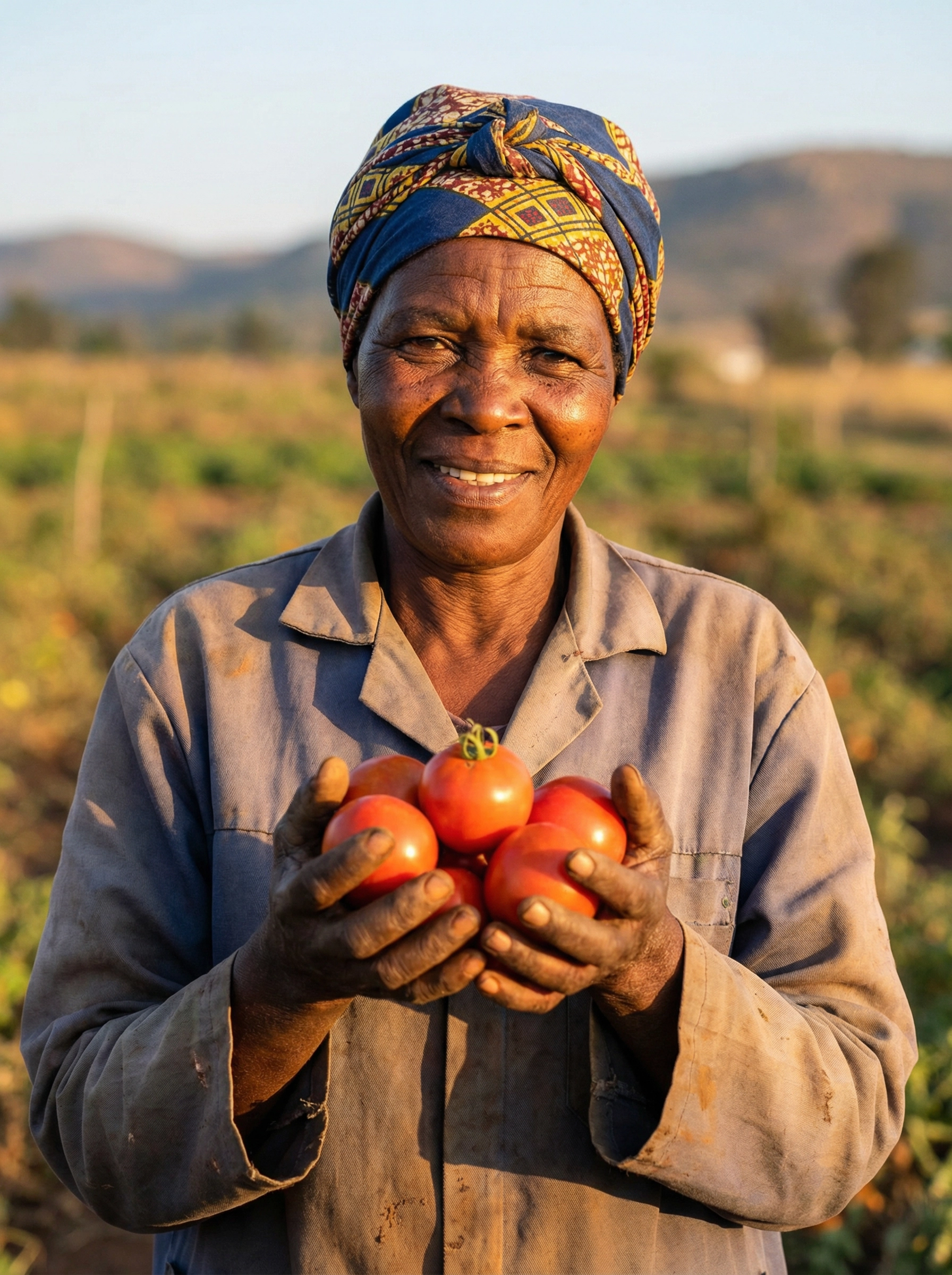 Zimbabwean woman farmer holding freshly harvested tomatoes