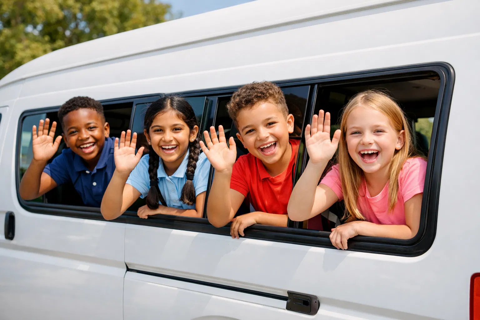 Happy kids waving from transport