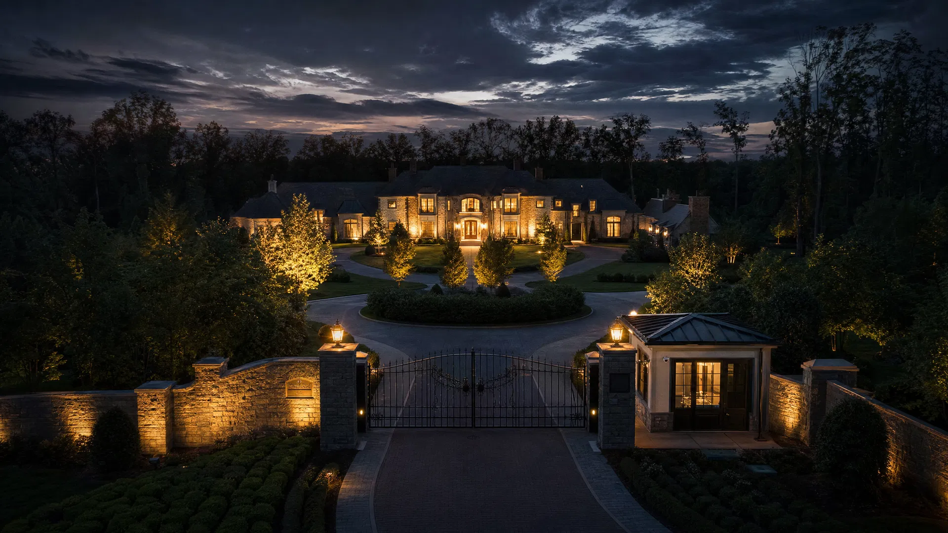 Luxury private estate at dusk with gated entrance and security lighting