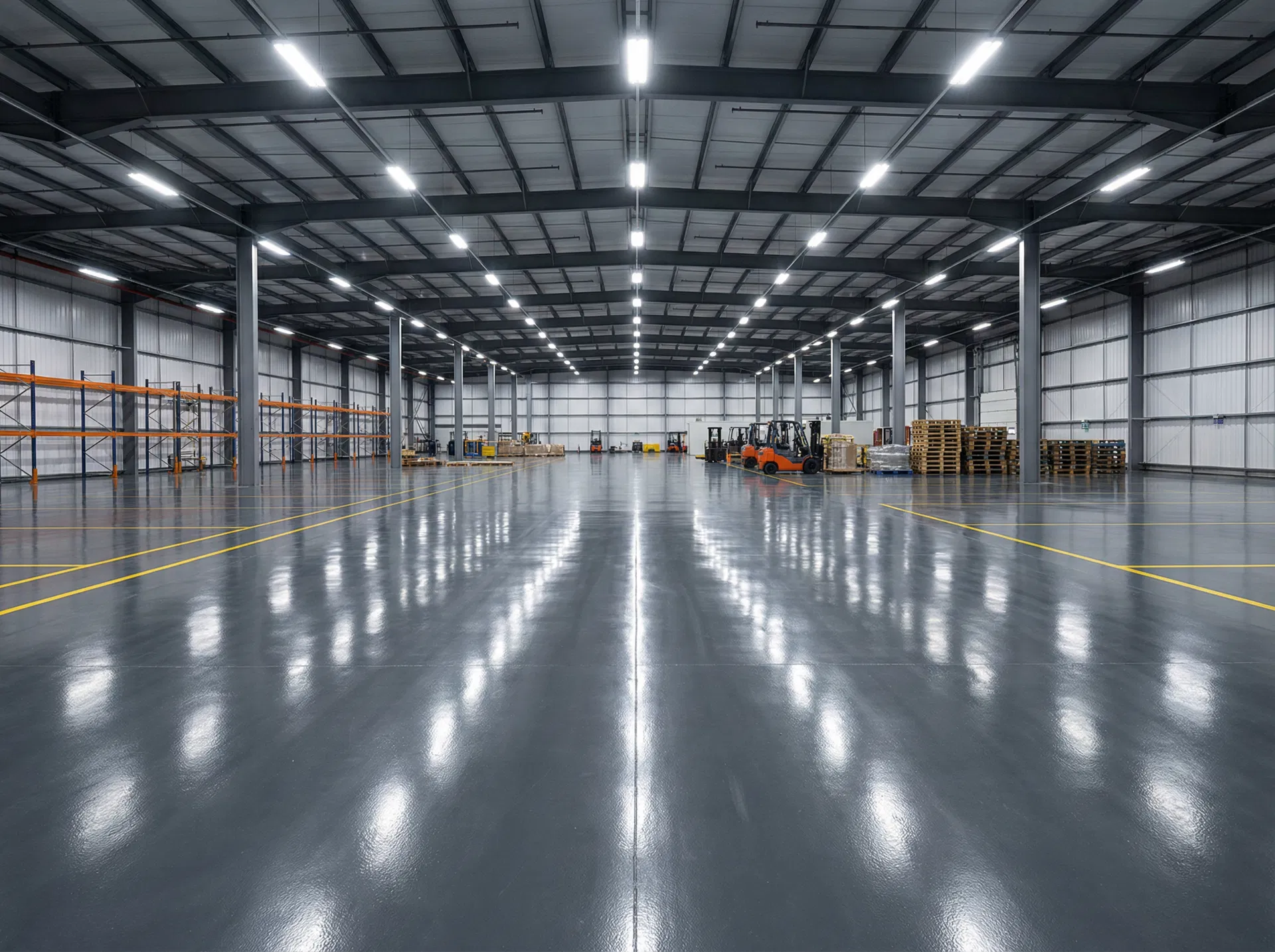 Solid grey epoxy in a large commercial warehouse
