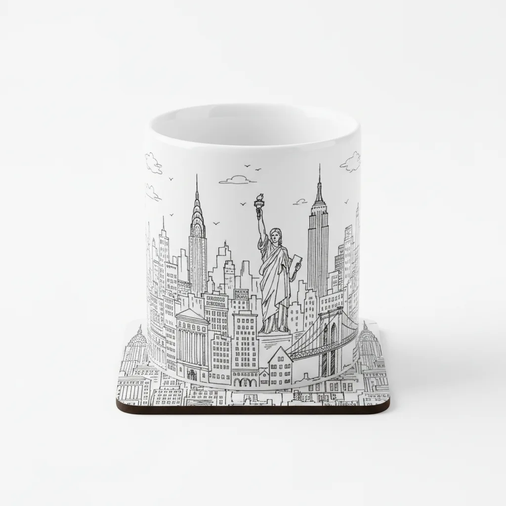 New York City Sketch Illustration Square Ceramic Coaster