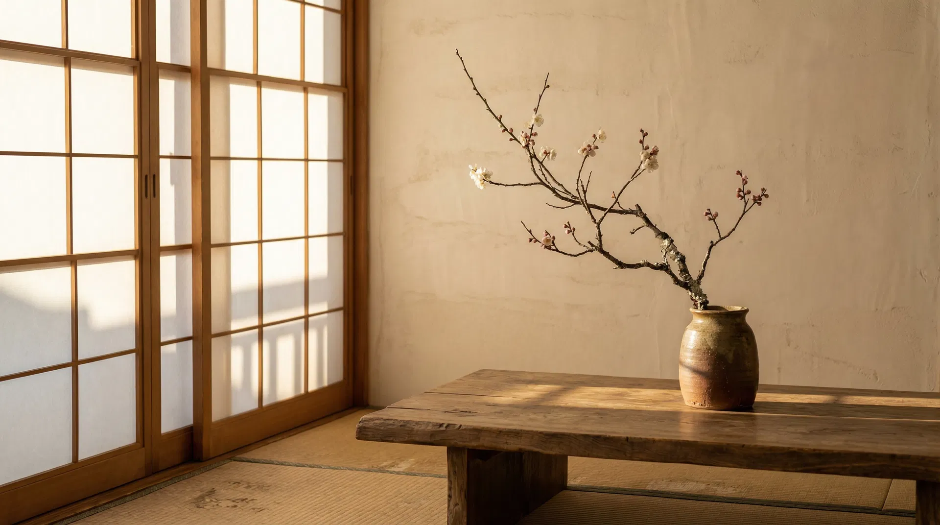 Ikebana arrangement in serene Japanese interior