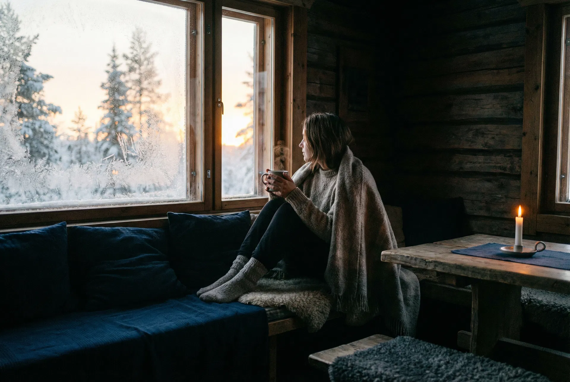 Henkilö ikkunan ääressä talvisessa aamussa
