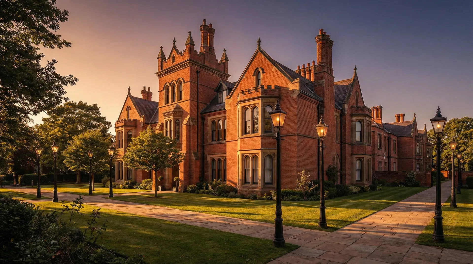 The restored Victorian buildings of Royal Earlswood Park at golden hour