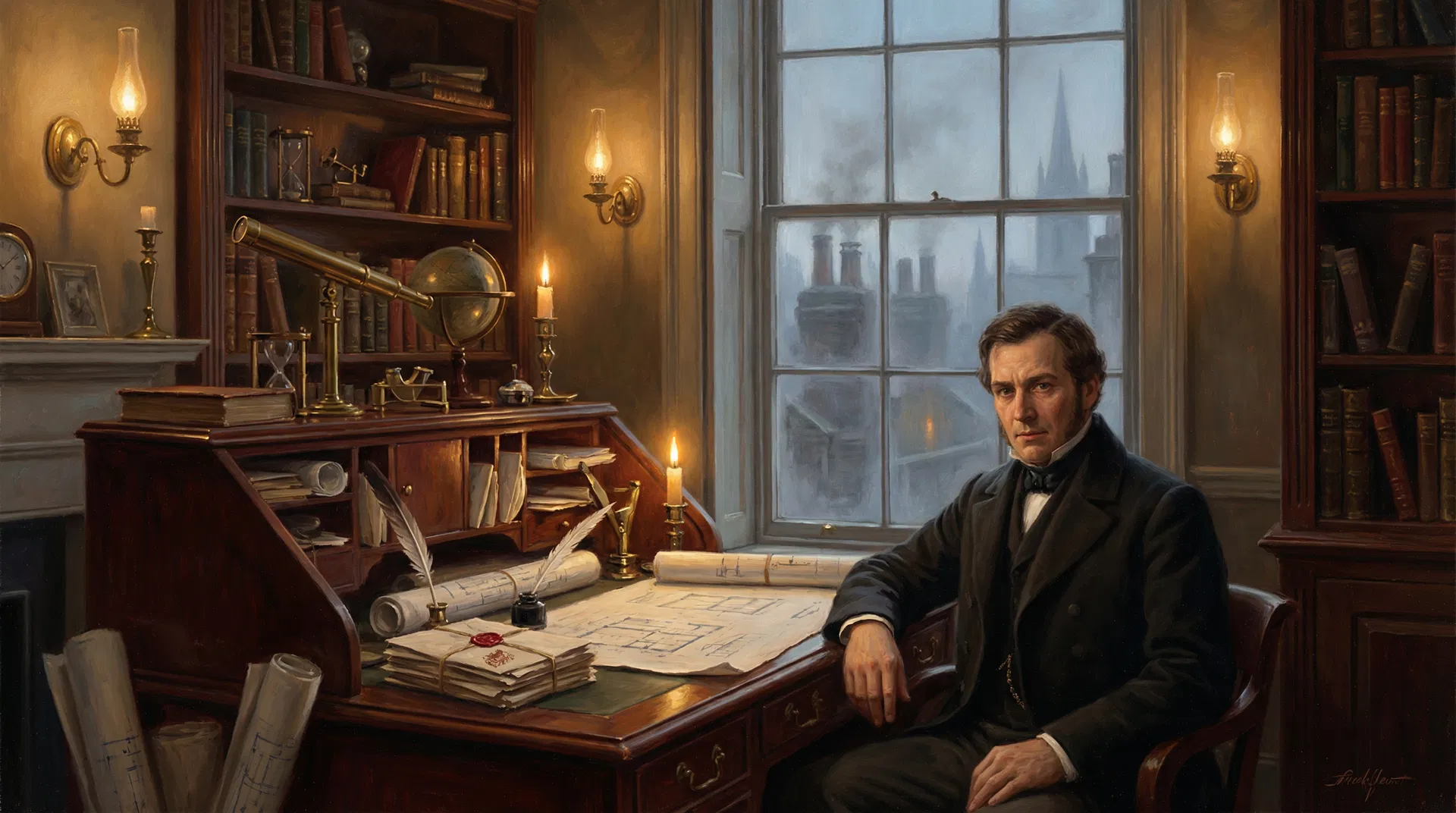 A Victorian study with architectural blueprints, representing the founding vision