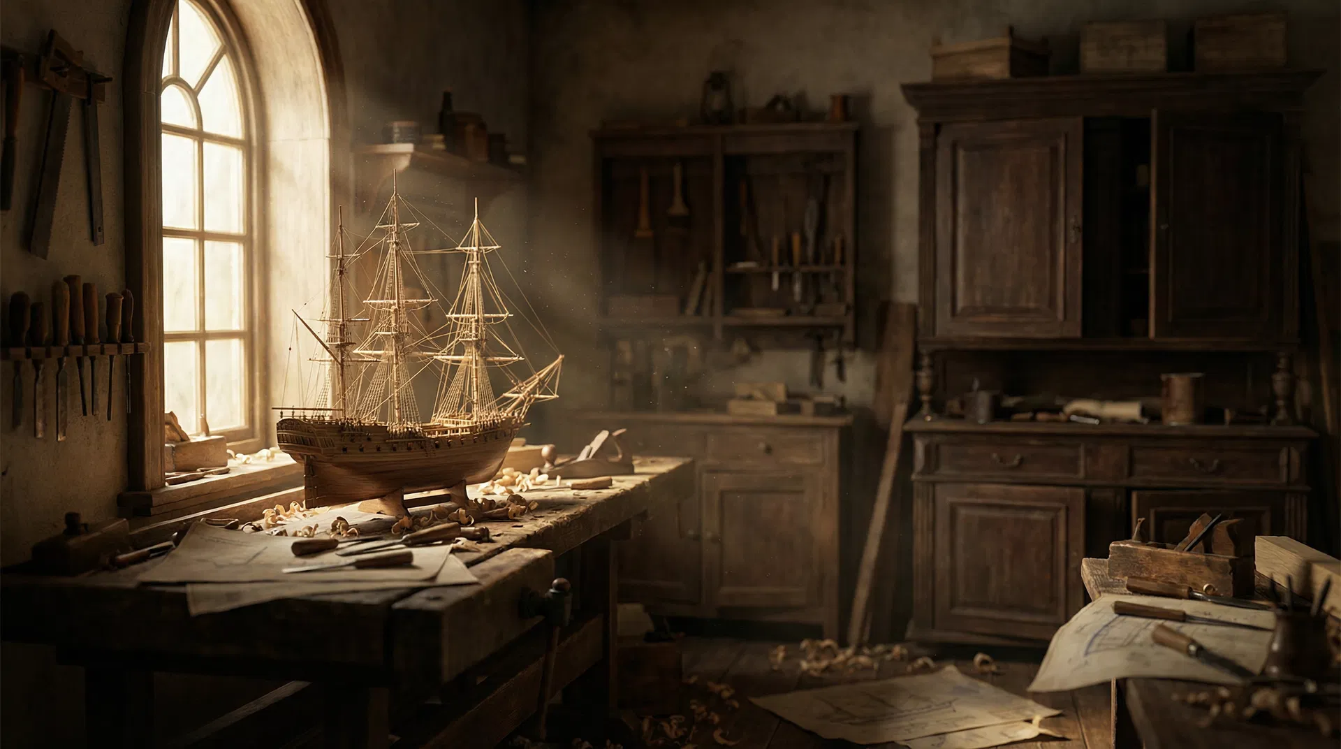 A Victorian workshop with an intricate ship model, representing Pullen's workspace